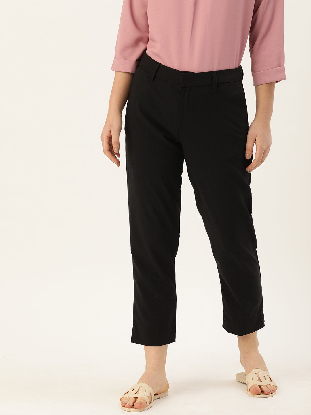 AND Women Black Regular Fit Solid Cropped Formal Trousers