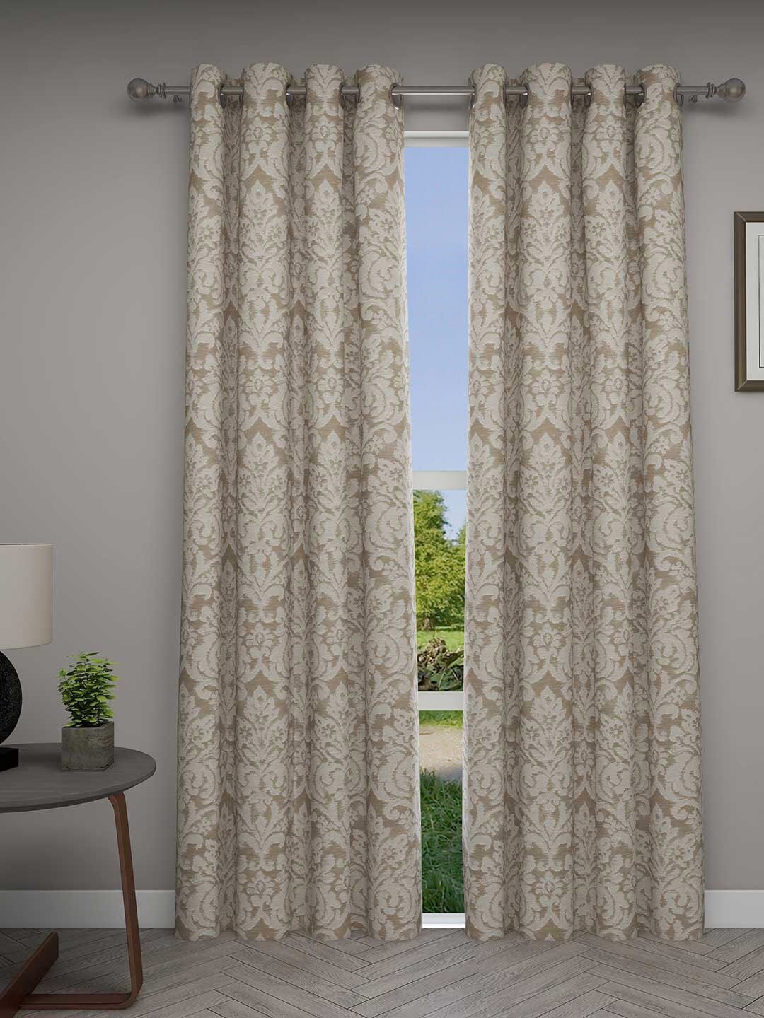 GM Set of 2 Khaki & Off -White Jacquard Woven Damask Door Curtains Price in India