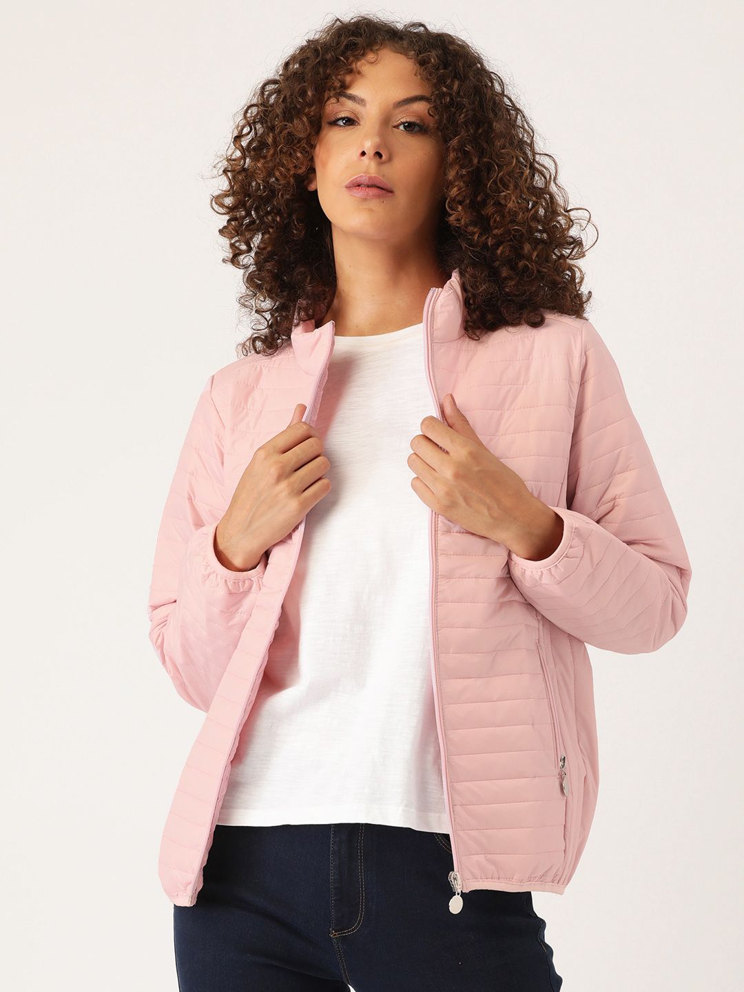 AND Women Pink Solid Padded Jacket Price in India