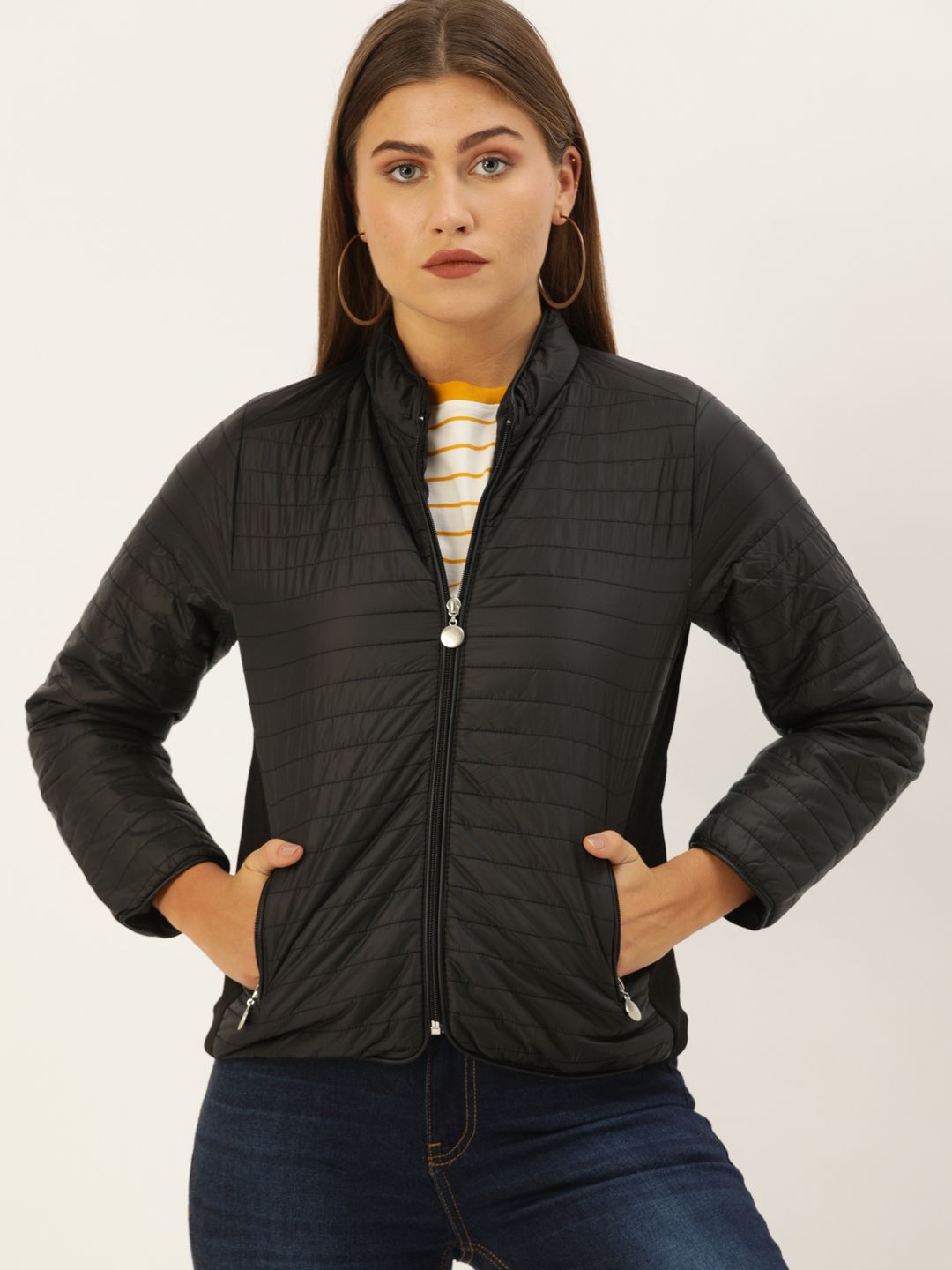 AND Women Black Striped Padded Jacket Price in India