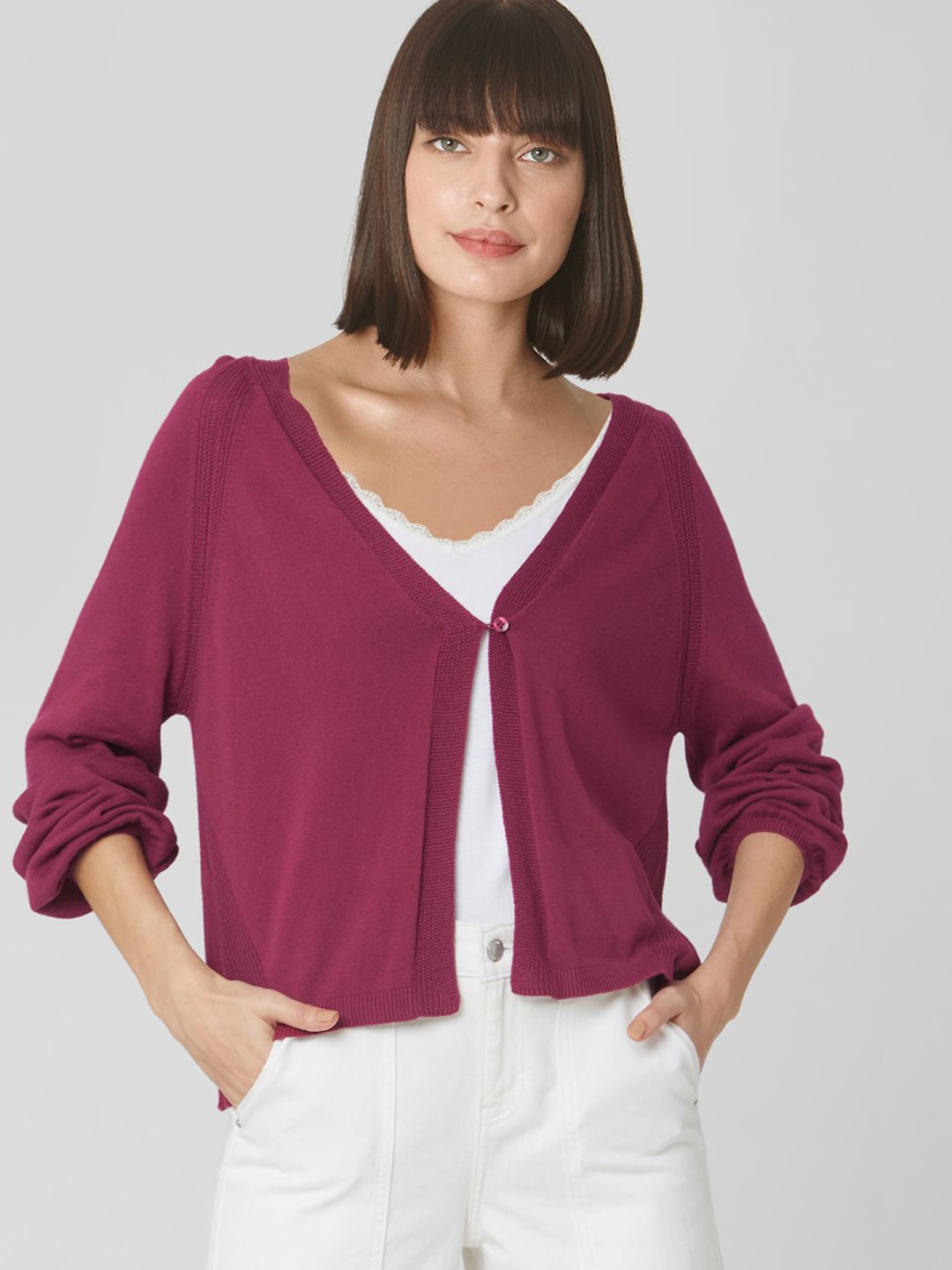 Vero Moda Women Magenta Pink Solid Cardigan Sweater Price in India