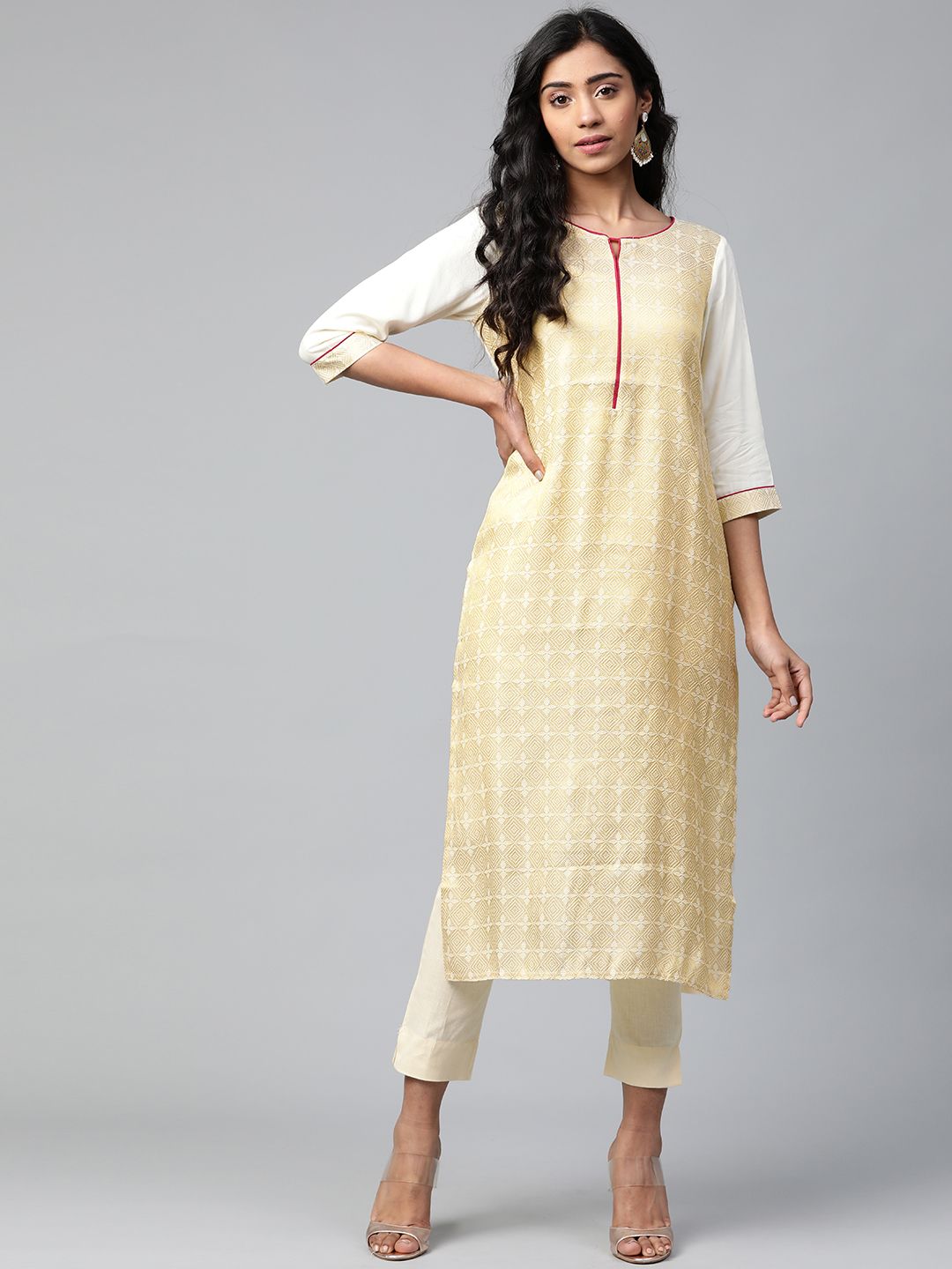 AURELIA Women Cream-Coloured & Golden Woven Design Straight Kurta Price in India