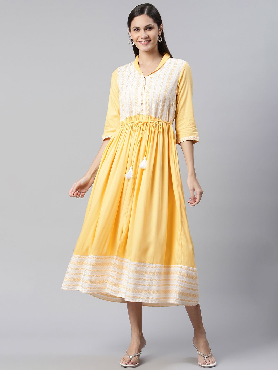AURELIA Yellow & White Yoke Design Cotton Maxi Ethnic Dress Price in India