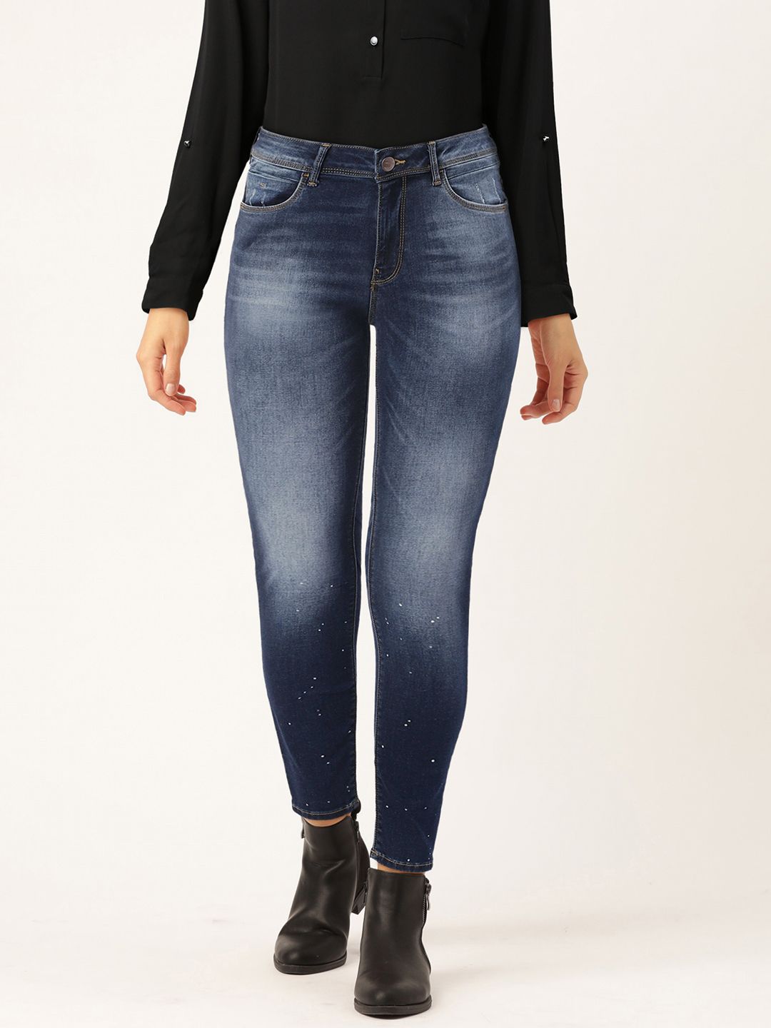 Flying Machine Women Blue Twiggy Super Skinny Fit Mid-Rise Low Distress Cropped Jeans Price in India