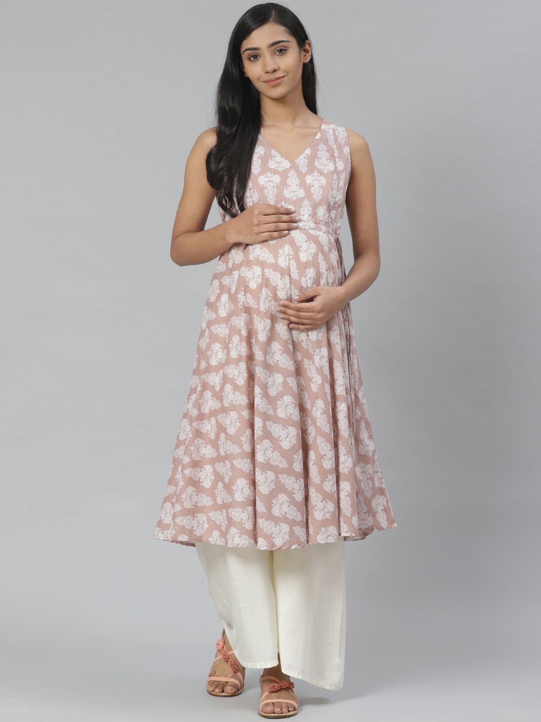 anayna Women Beige & White Printed Anarkali Maternity Kurta Price in India