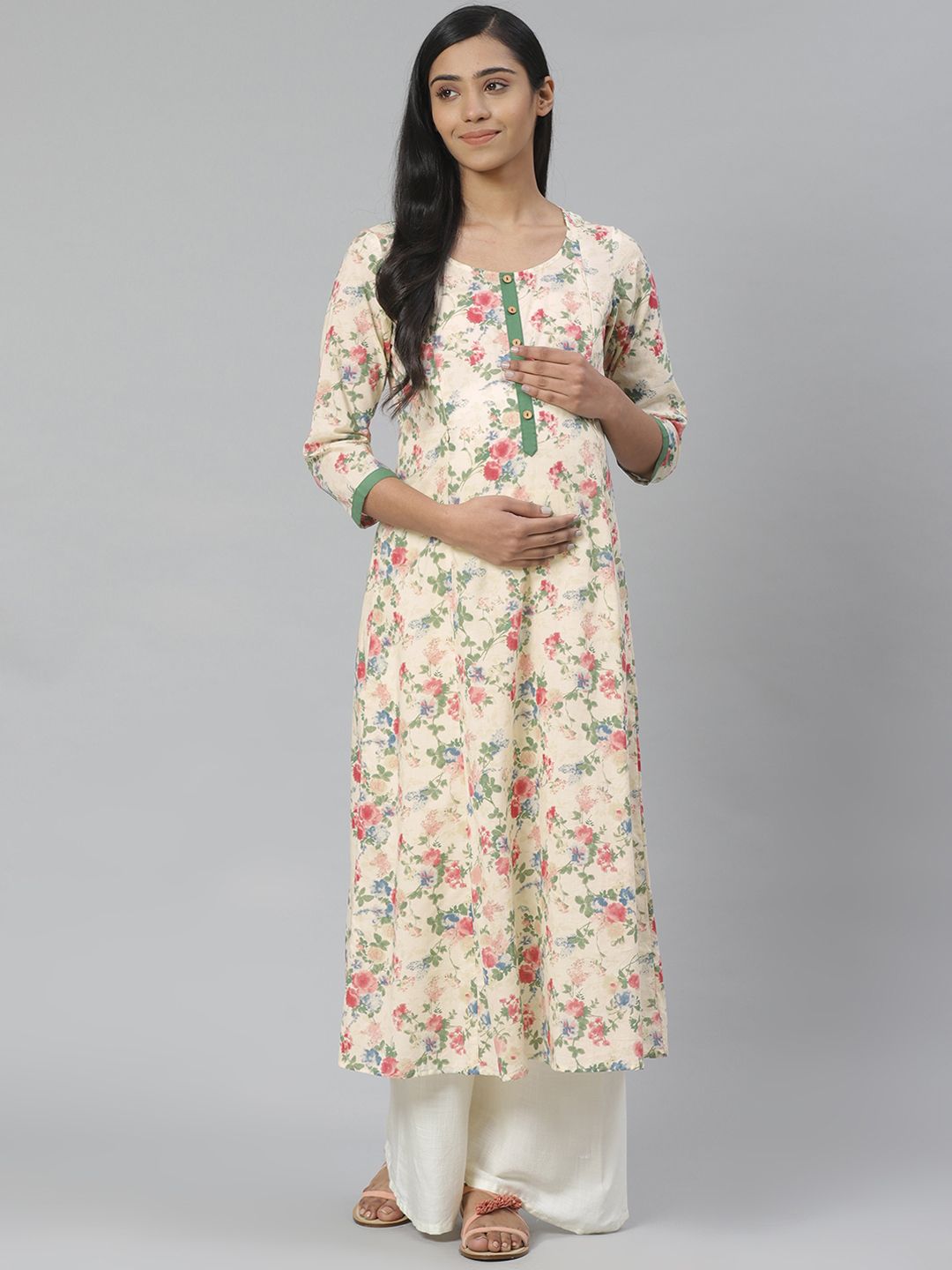 anayna Women Cream-Coloured & Green Floral A-Line Maternity Kurta Price in India