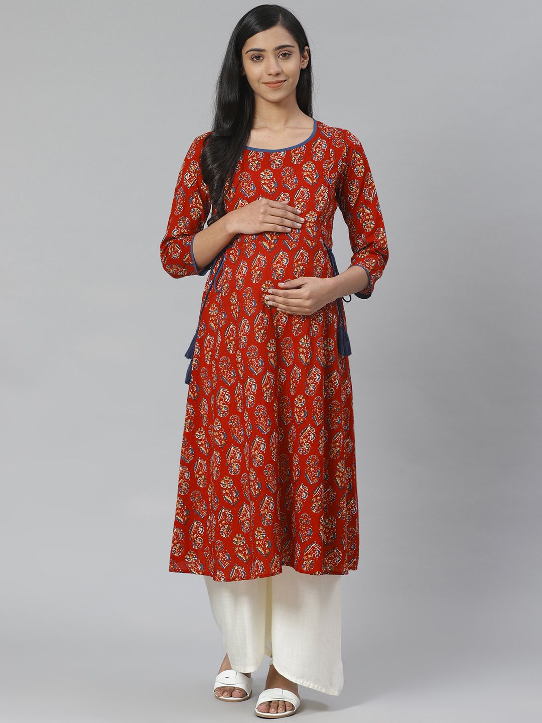 anayna Women Rust Red & Orange Block Print A-Line Maternity Kurta Price in India