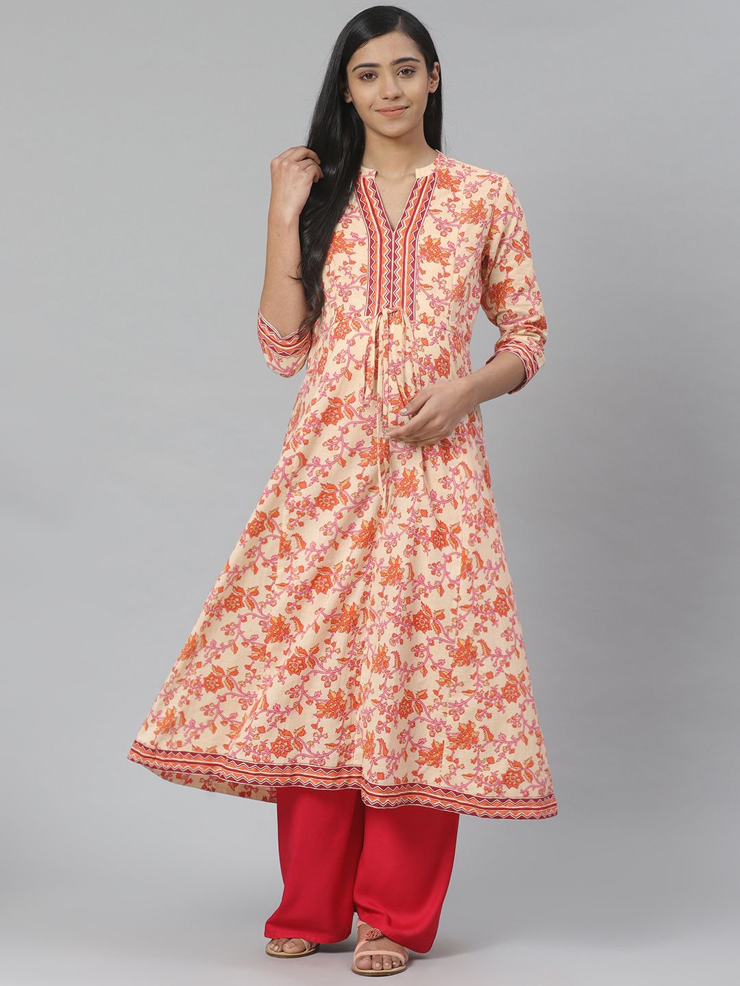 anayna Women Cream-Coloured & Orange Printed Feeding Maternity A-Line Kurta Price in India