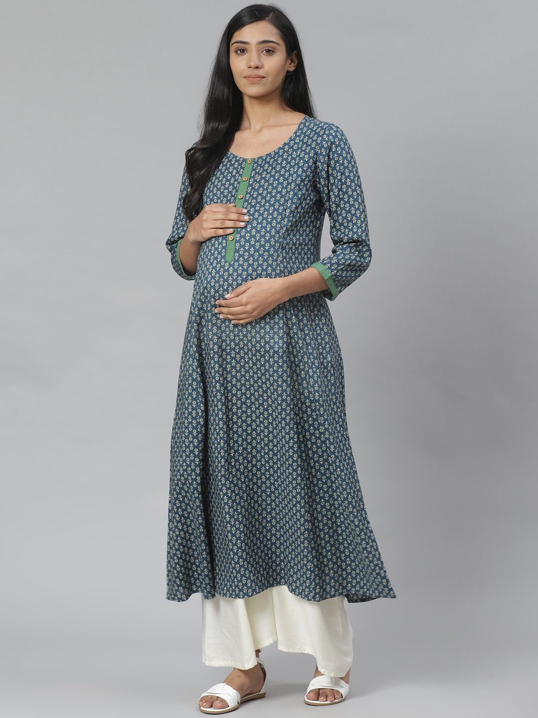 anayna Women Navy Blue & Green Block Print A-Line Maternity Kurta Price in India