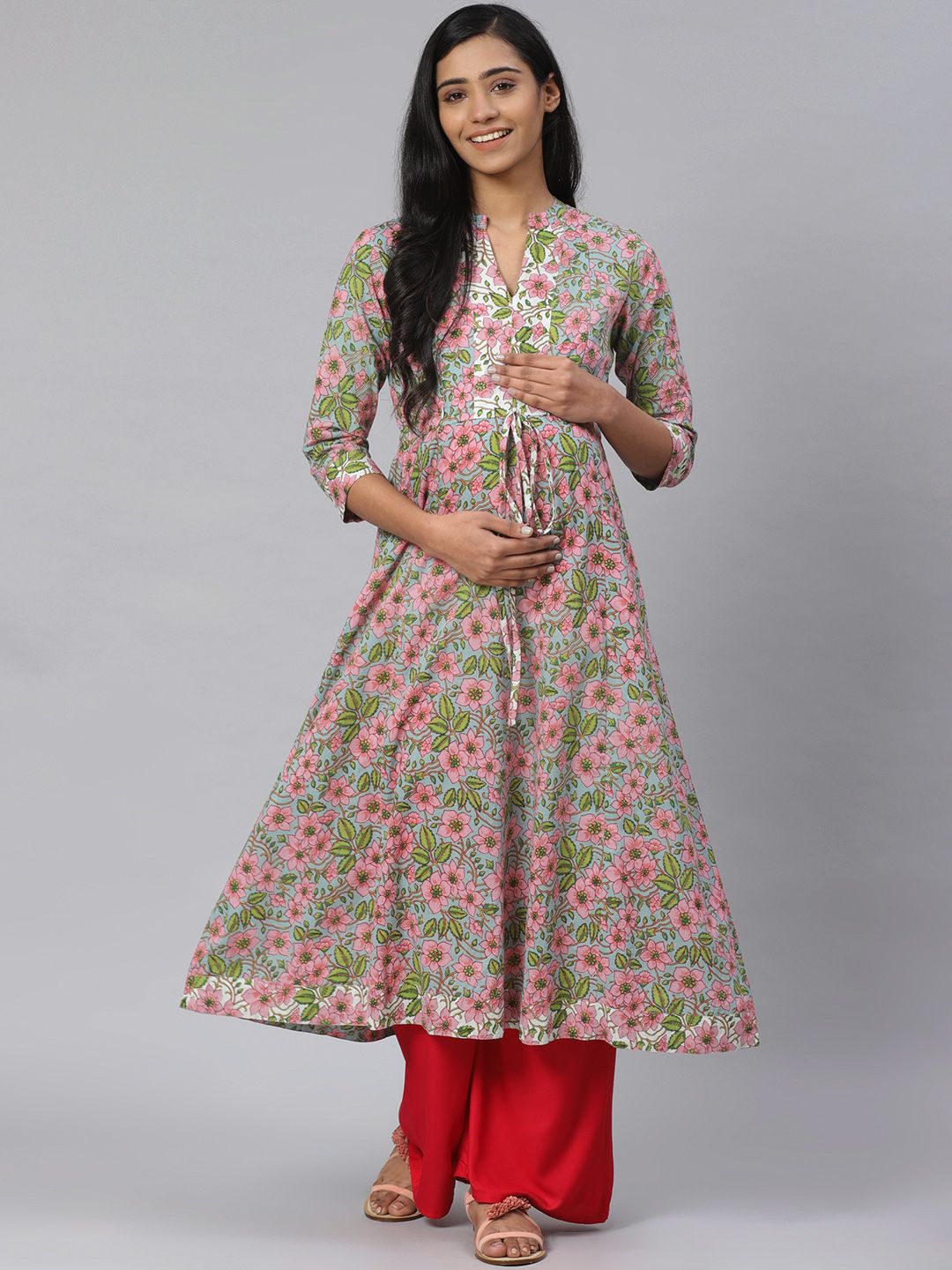 anayna Women Blue & Pink Floral Printed Pure Cotton Feeding Maternity A-Line Kurta Price in India