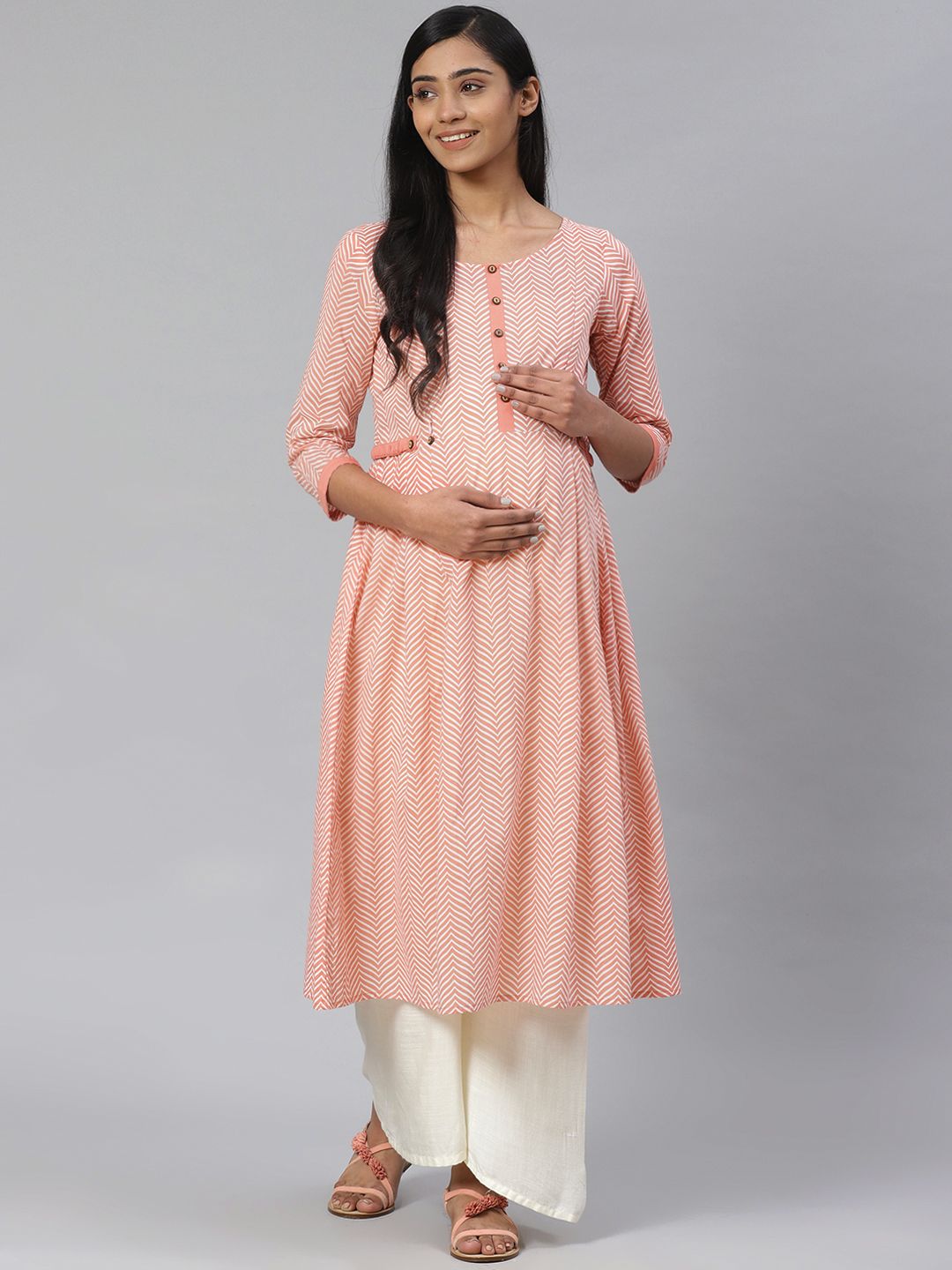 anayna Women Peach-Coloured & Off-White Printed Pure Cotton Feeding Maternity A-Line Kurta Price in India