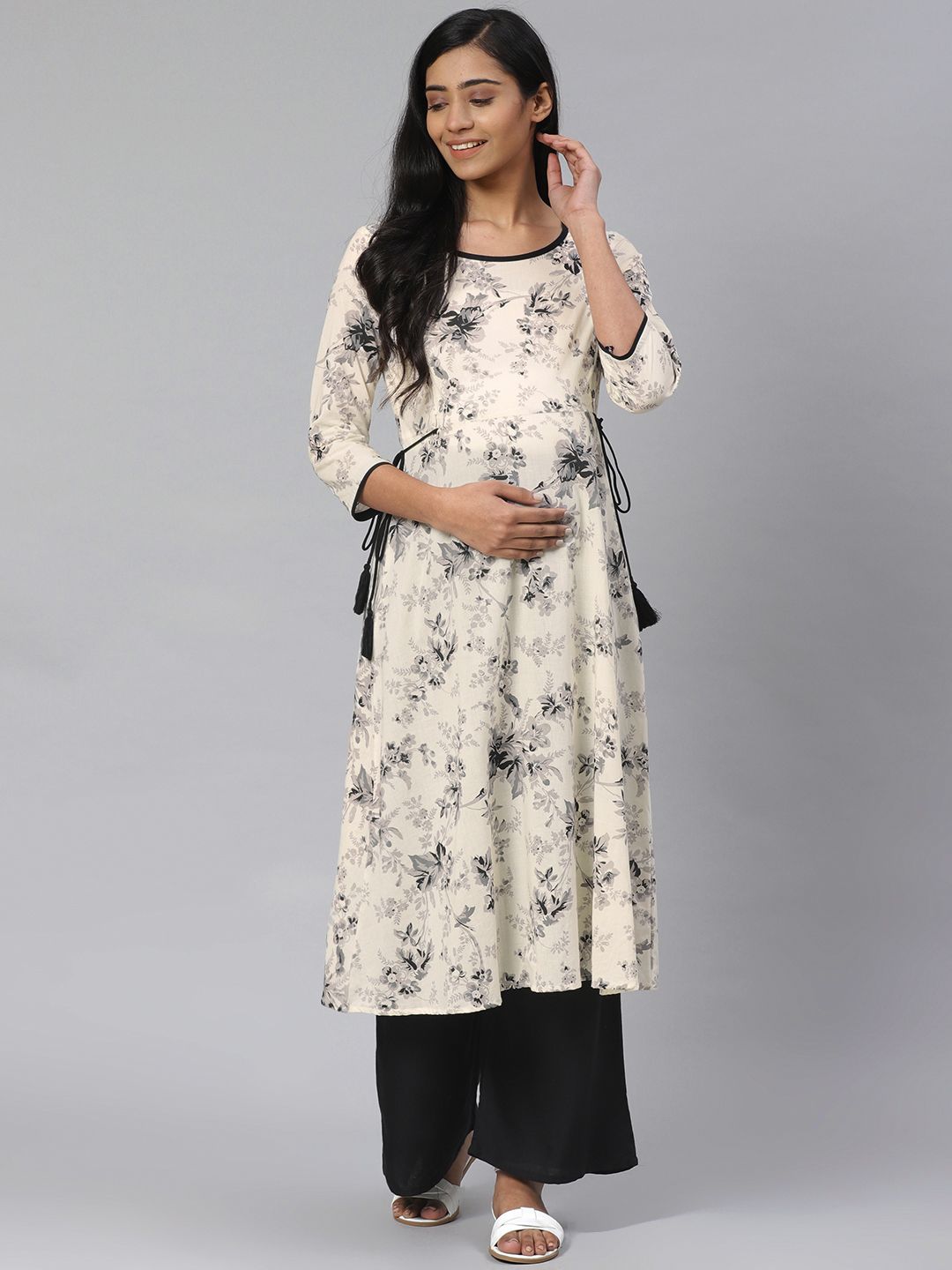 anayna Women Off-White & Grey Floral Print A-Line Maternity Kurta Price in India