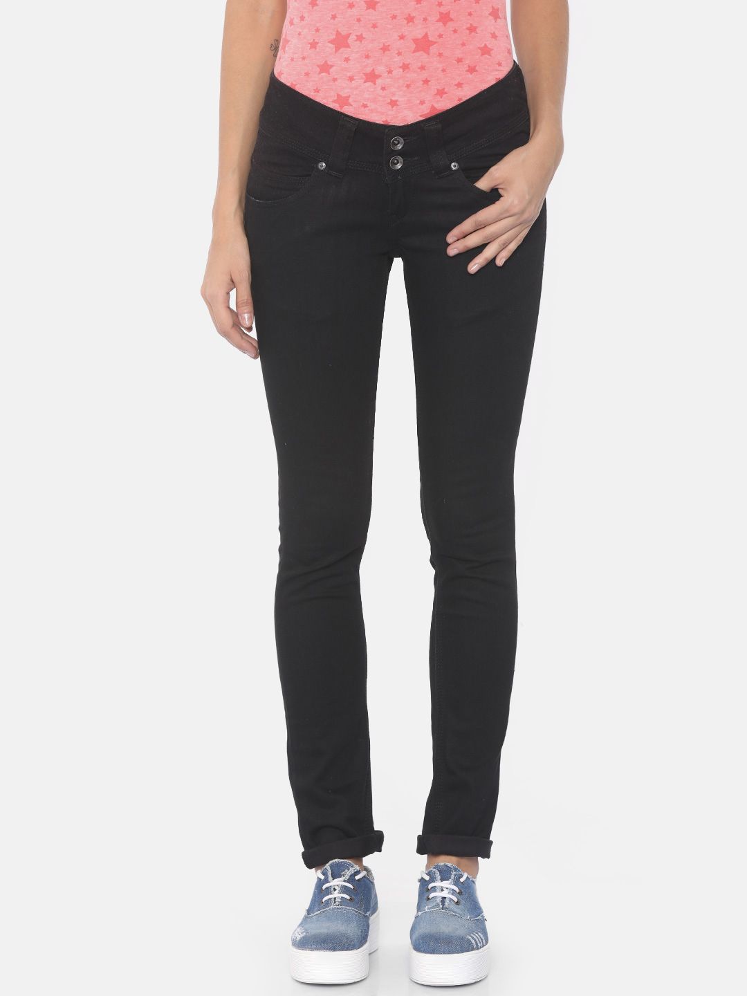 Pepe Jeans Women Black Slim Pixie Fit Low-Rise Clean Look Stretchable Jeans Price in India