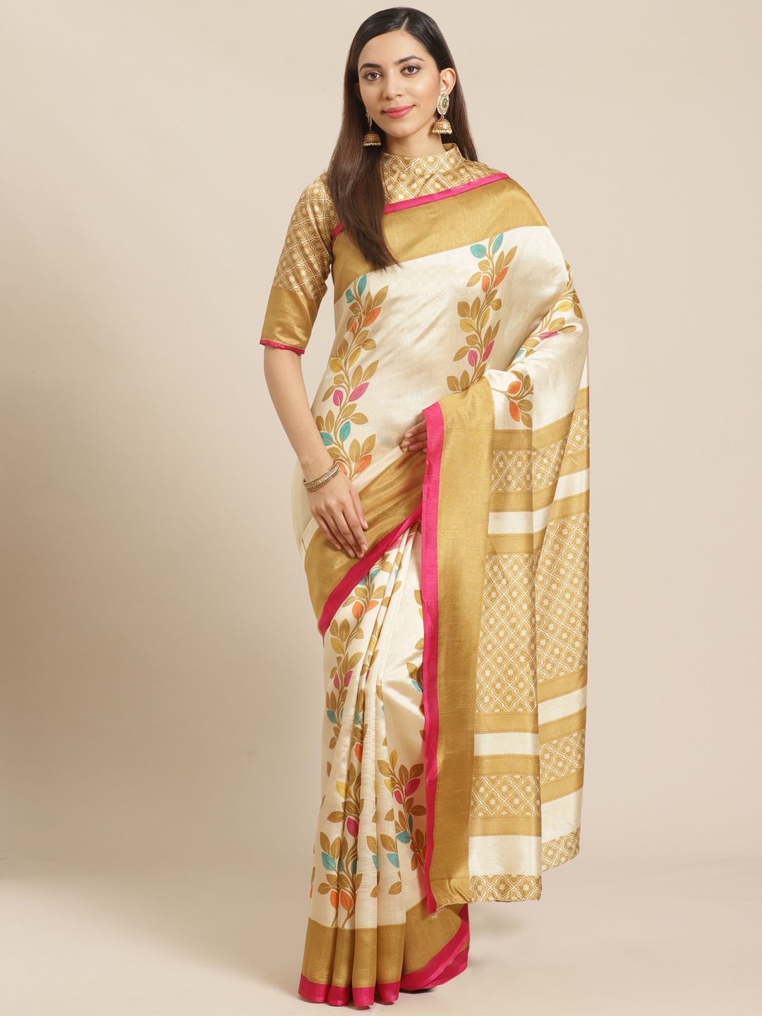 Saree mall Cream-Coloured & Beige Floral Print Saree Price in India