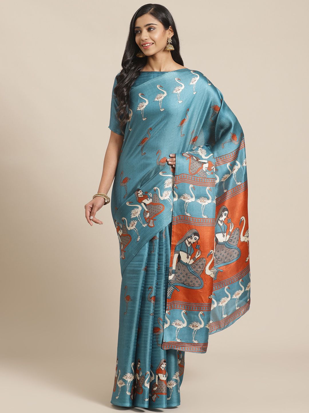 Saree mall Blue & Beige Ethnic Motifs Print Bhagalpuri Saree Price in India