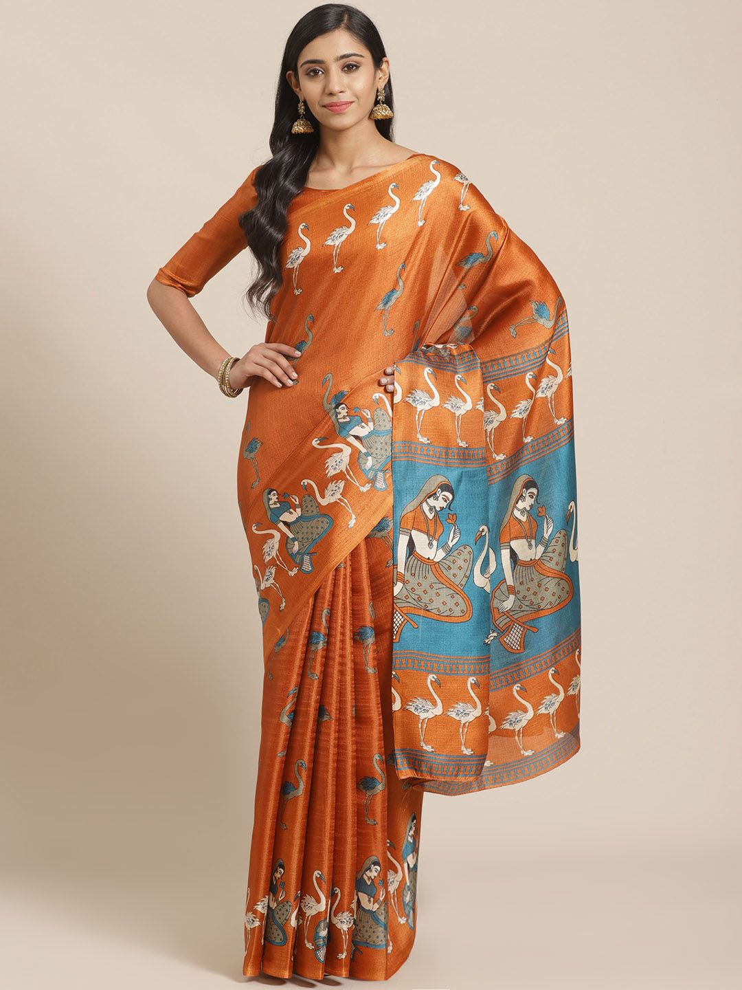 Saree mall Rust Orange & Beige Ethnic Motifs Print Bhagalpuri Saree Price in India