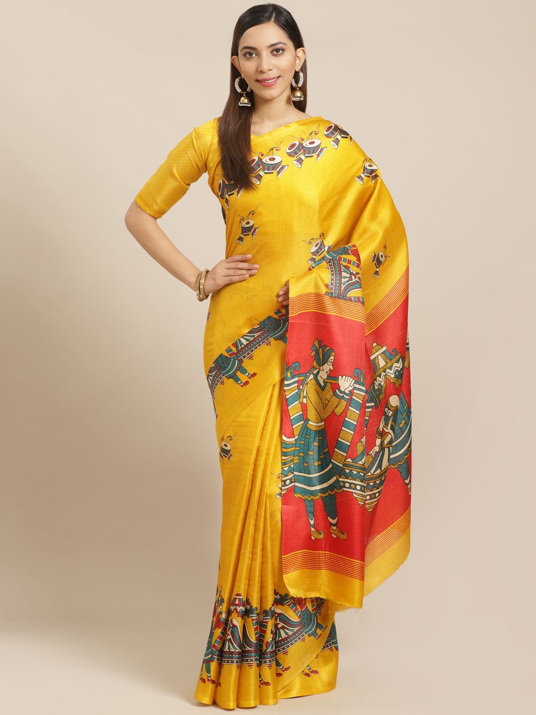 Saree mall Mustard Yellow & Blue Printed Saree Price in India