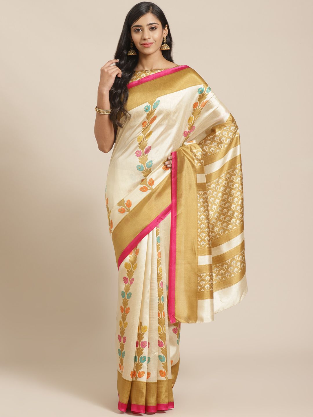 Saree mall Beige & Pink Ethnic Motifs Print Saree Price in India