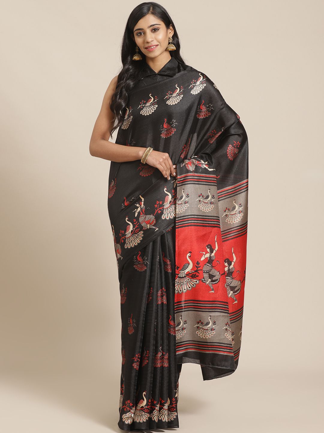 Saree mall Black & Beige Ethnic Motifs Print Bhagalpuri Saree Price in India