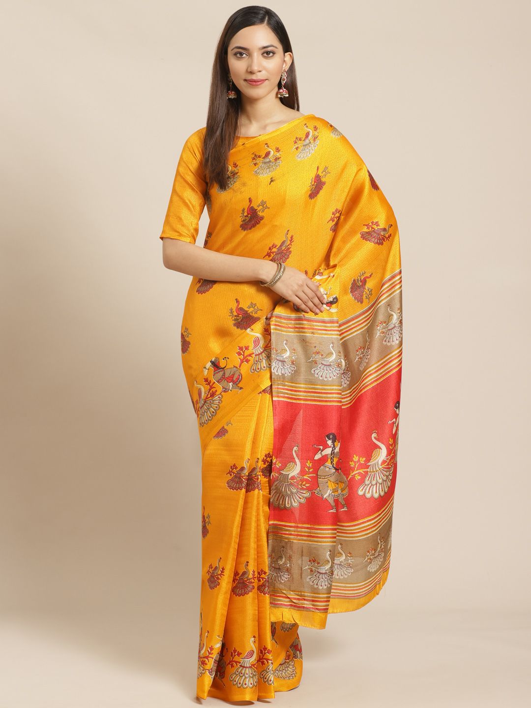 Saree mall Mustard Yellow & Red Printed Saree Price in India