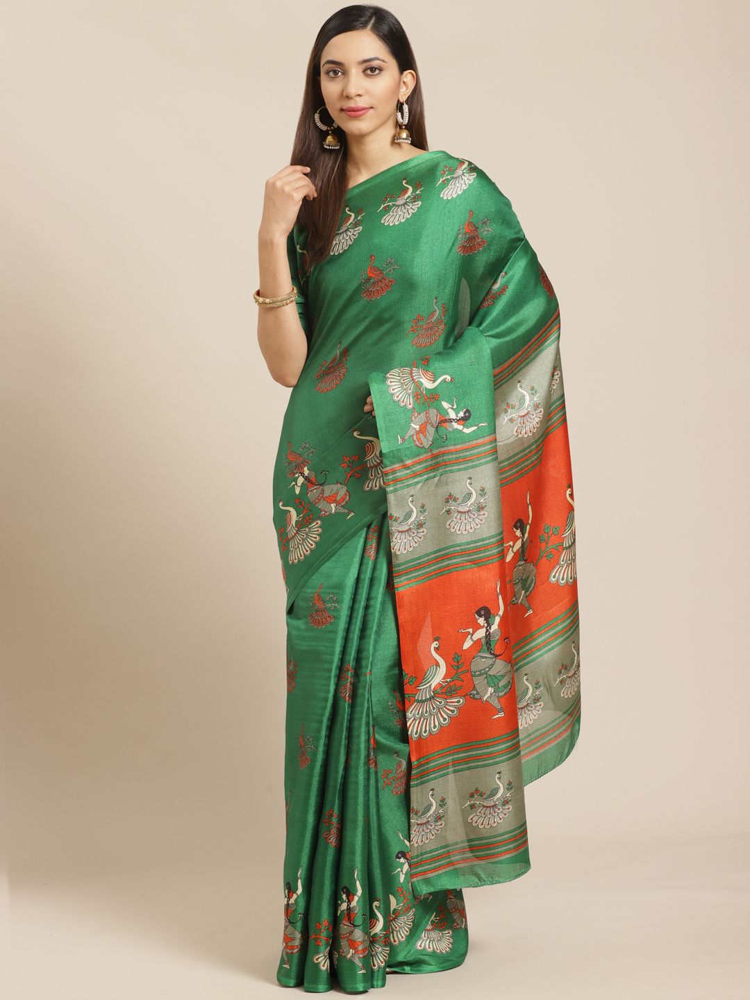 Saree mall Green & Orange Printed Saree Price in India