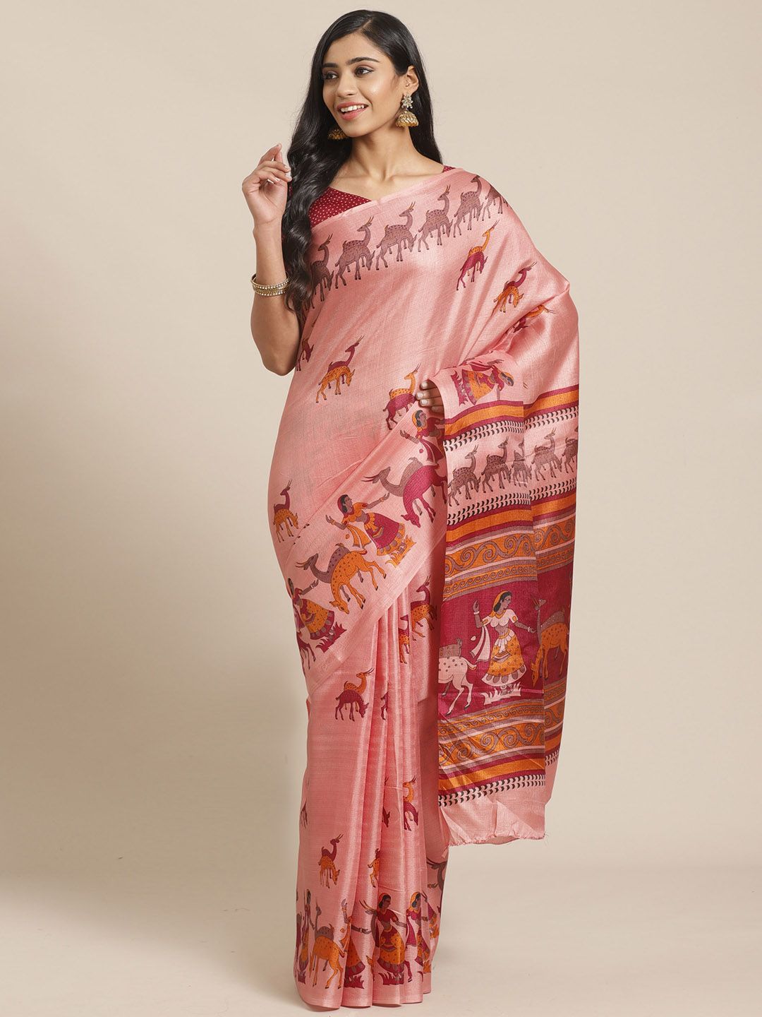 Saree mall Peach-Coloured & Burgundy Ethnic Motifs Print Bhagalpuri Saree Price in India