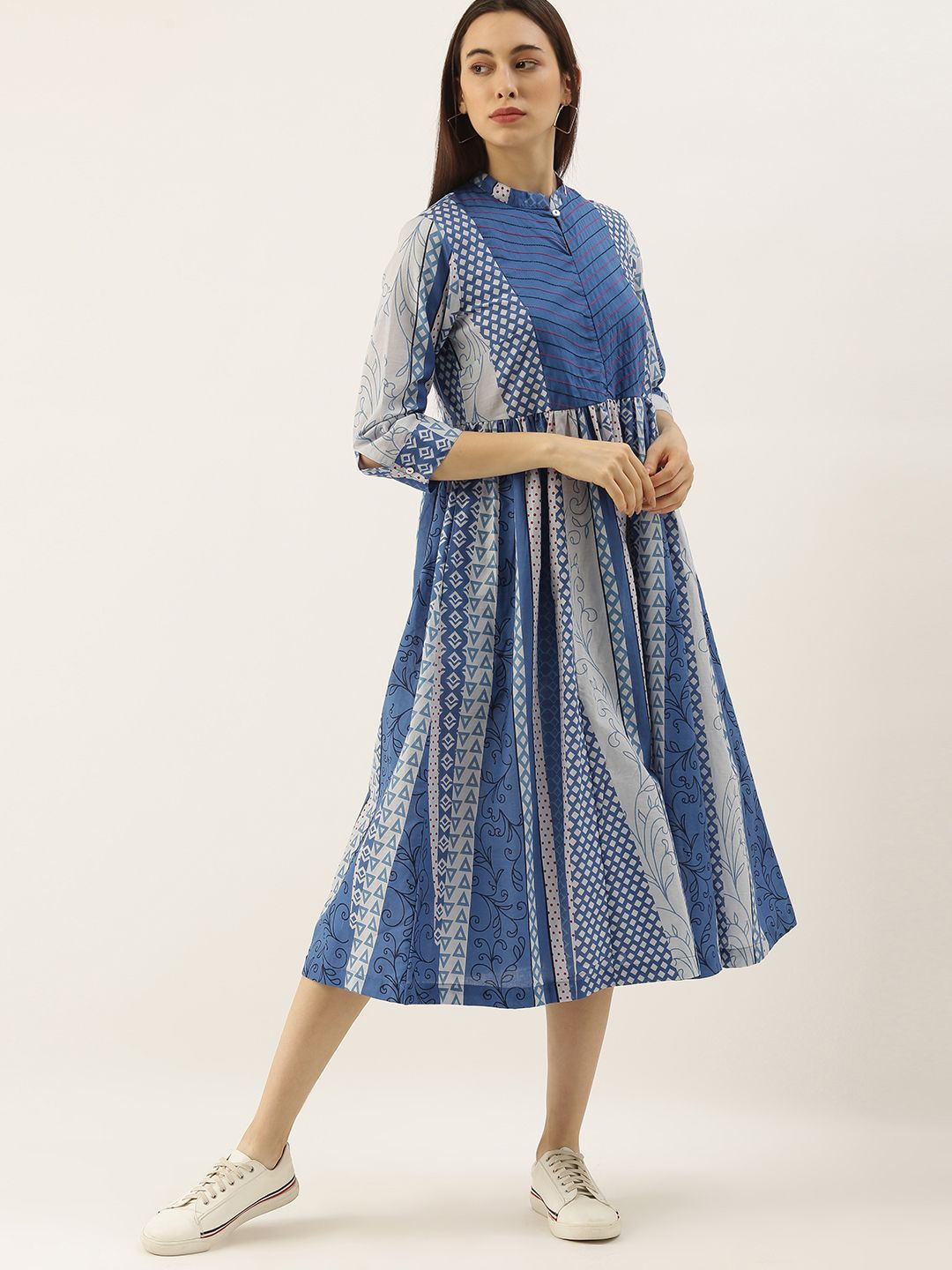 Sangria Blue & White A-Line Midi Dress