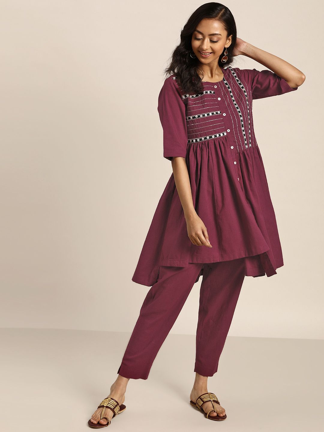 Sangria Women Burgundy Yoke Design Pure Cotton Asymmetric Kurta with Trousers Price in India