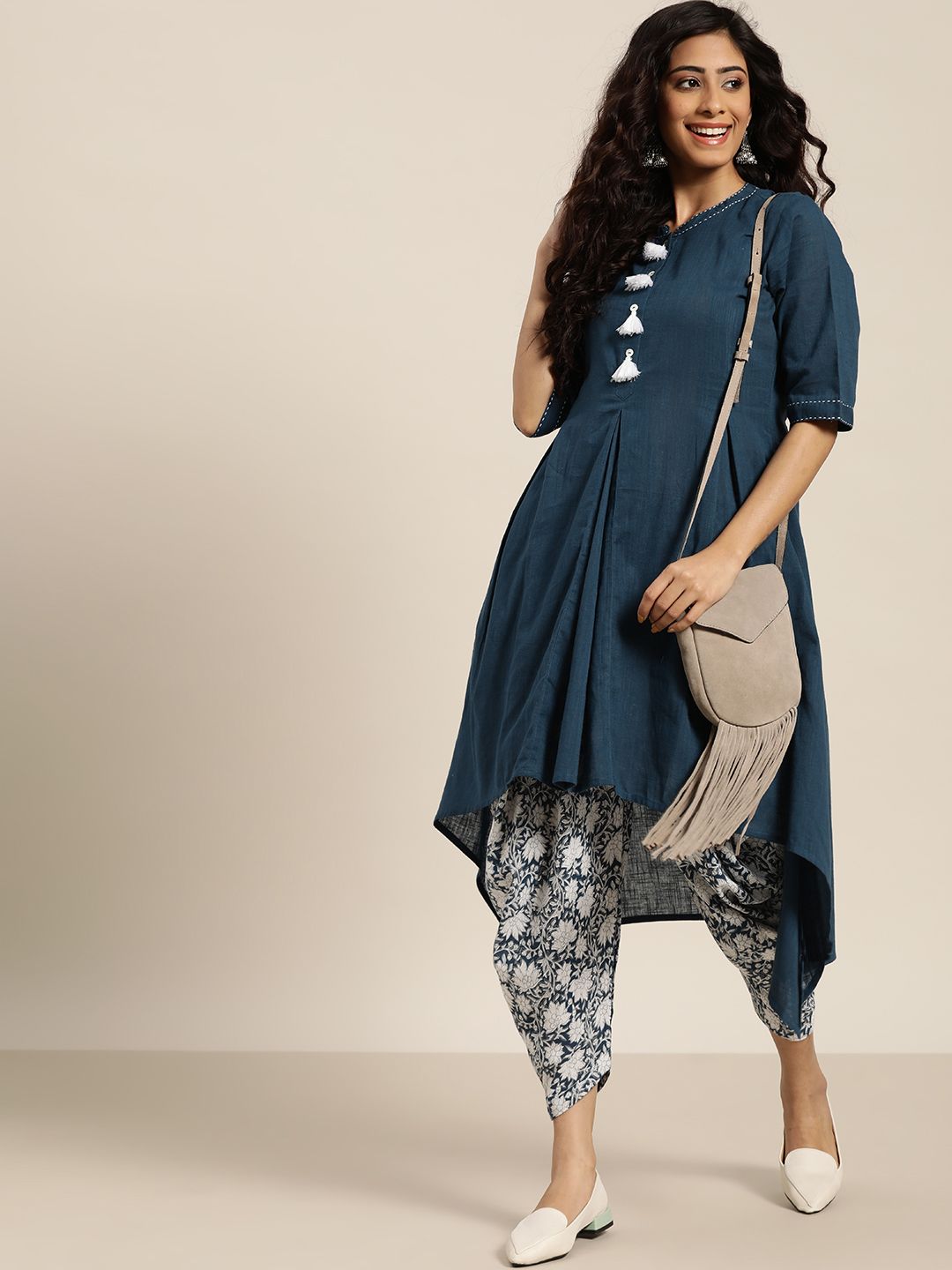 Sangria Women Teal Green & Off-White Cotton Solid High-Low Kurta with Printed Patiala Price in India