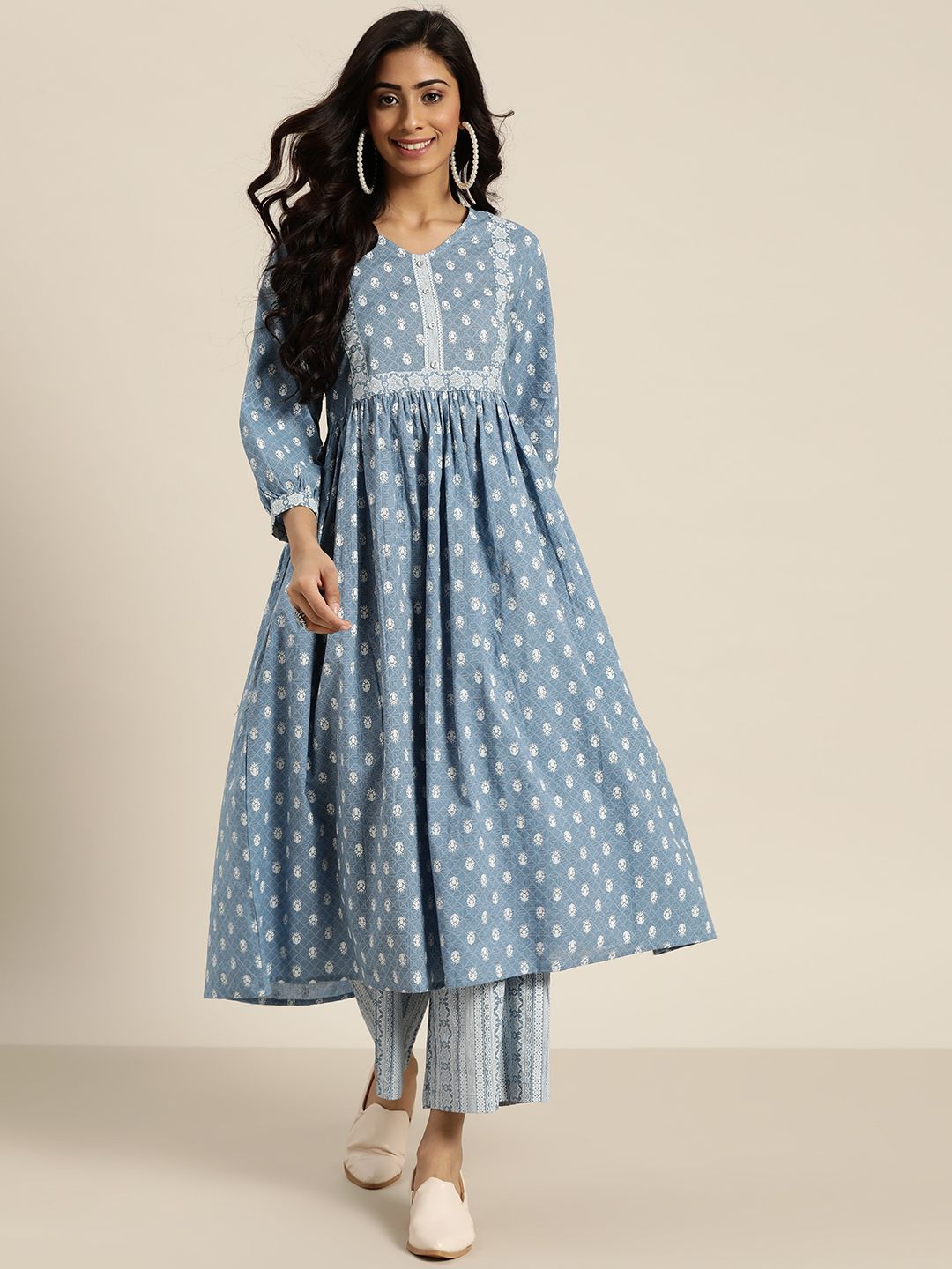 Sangria Women Blue & White Printed Pure Cotton Kurta with Palazzos Price in India