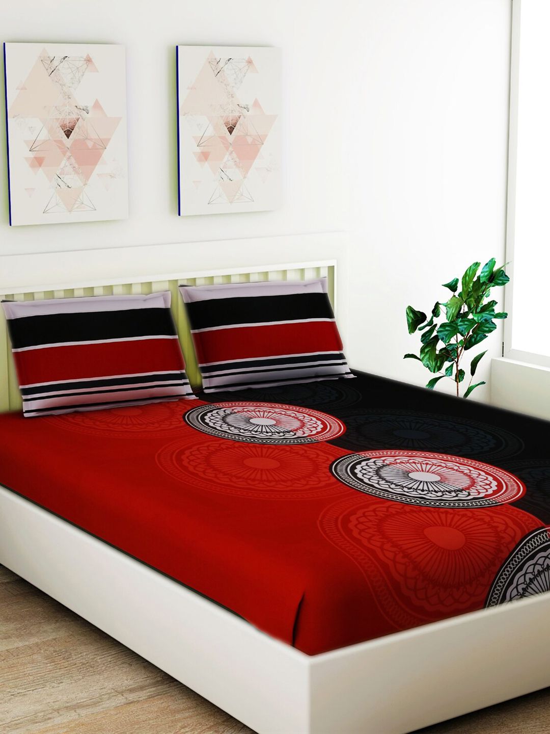 Salona Bichona Red & Black Ethnic Motifs 120 TC Cotton 1 King Bedsheet with 2 Pillow Covers Price in India
