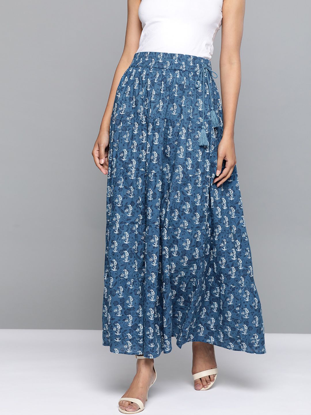 HERE&NOW Women Blue & White Printed Pure Cotton Maxi Flare Skirt