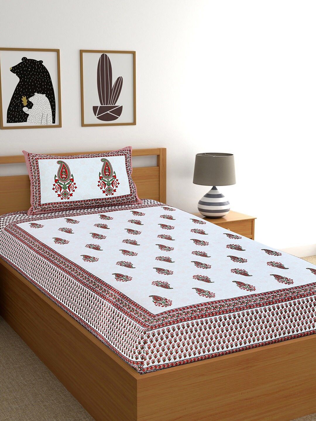 Salona Bichona White & Red Ethnic Motifs Printed 120 TC Cotton 1 Single Bedsheet With 1 Pillow Cover Price in India