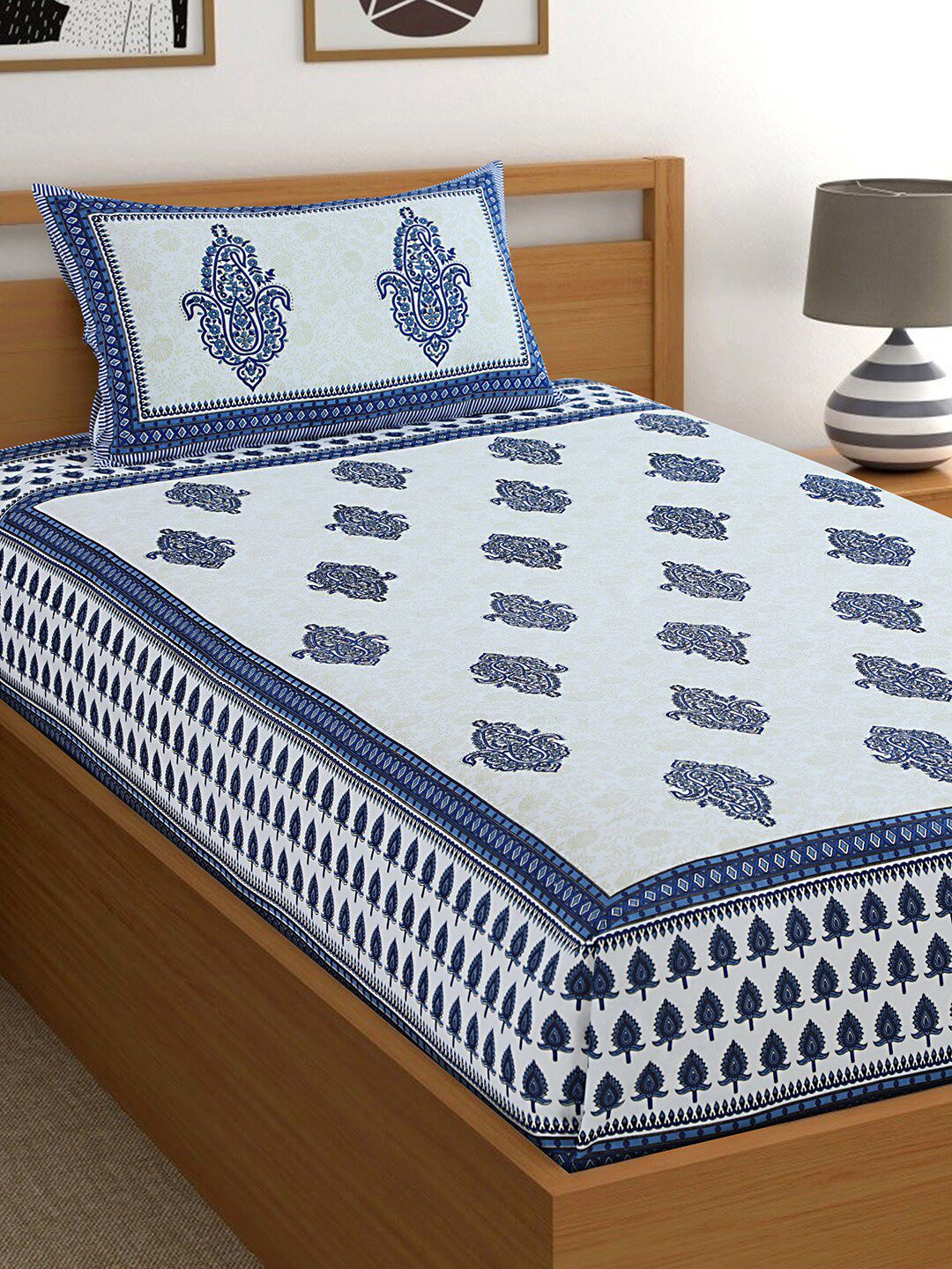 Salona Bichona White & Blue Ethnic Motifs 120 TC Cotton 1 Single Bedsheet with 1 Pillow Covers Price in India