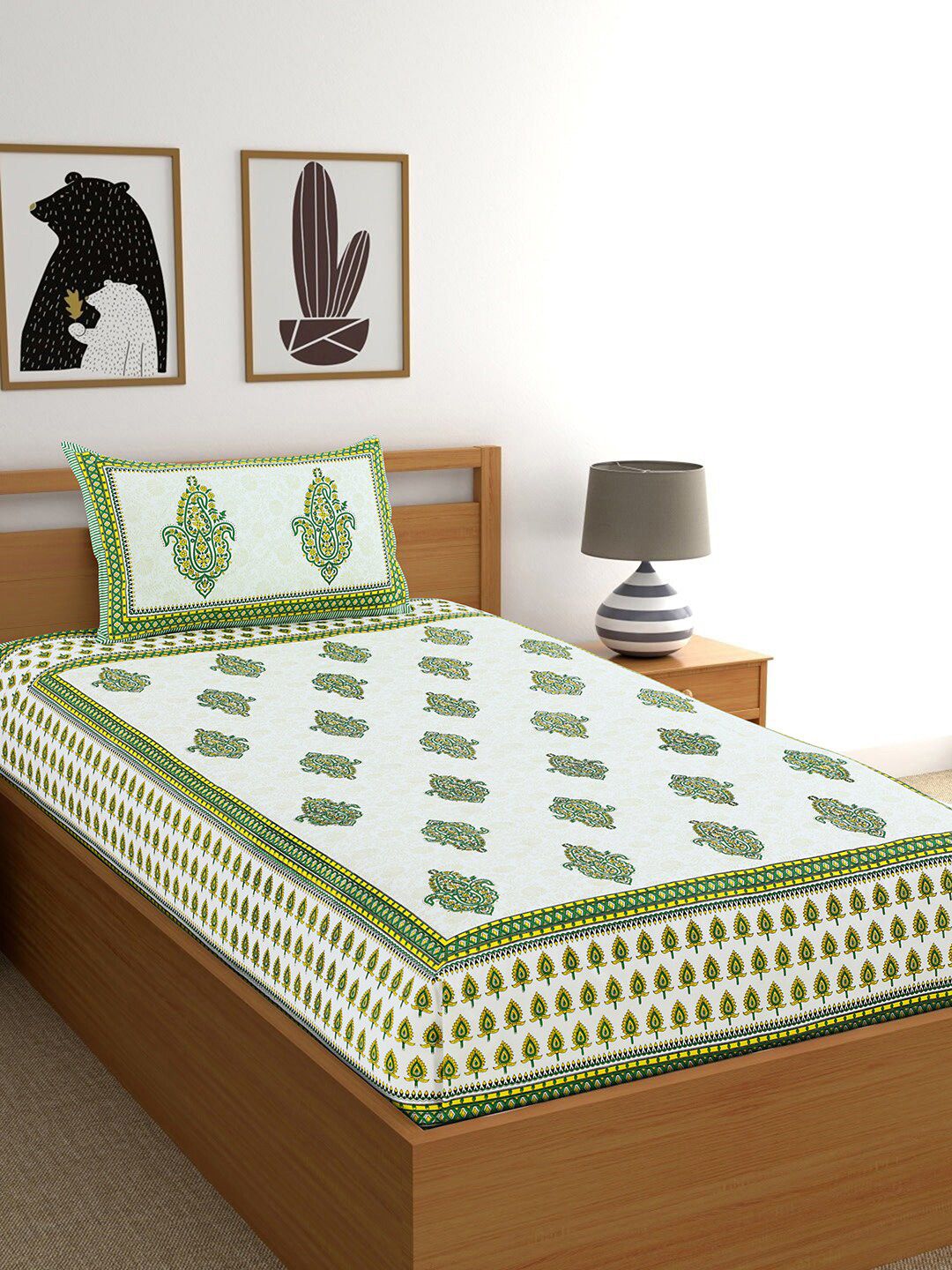 Salona Bichona White & Green Ethnic Motifs 120 TC Cotton Single Bedsheet With 1 Pillow Cover Price in India