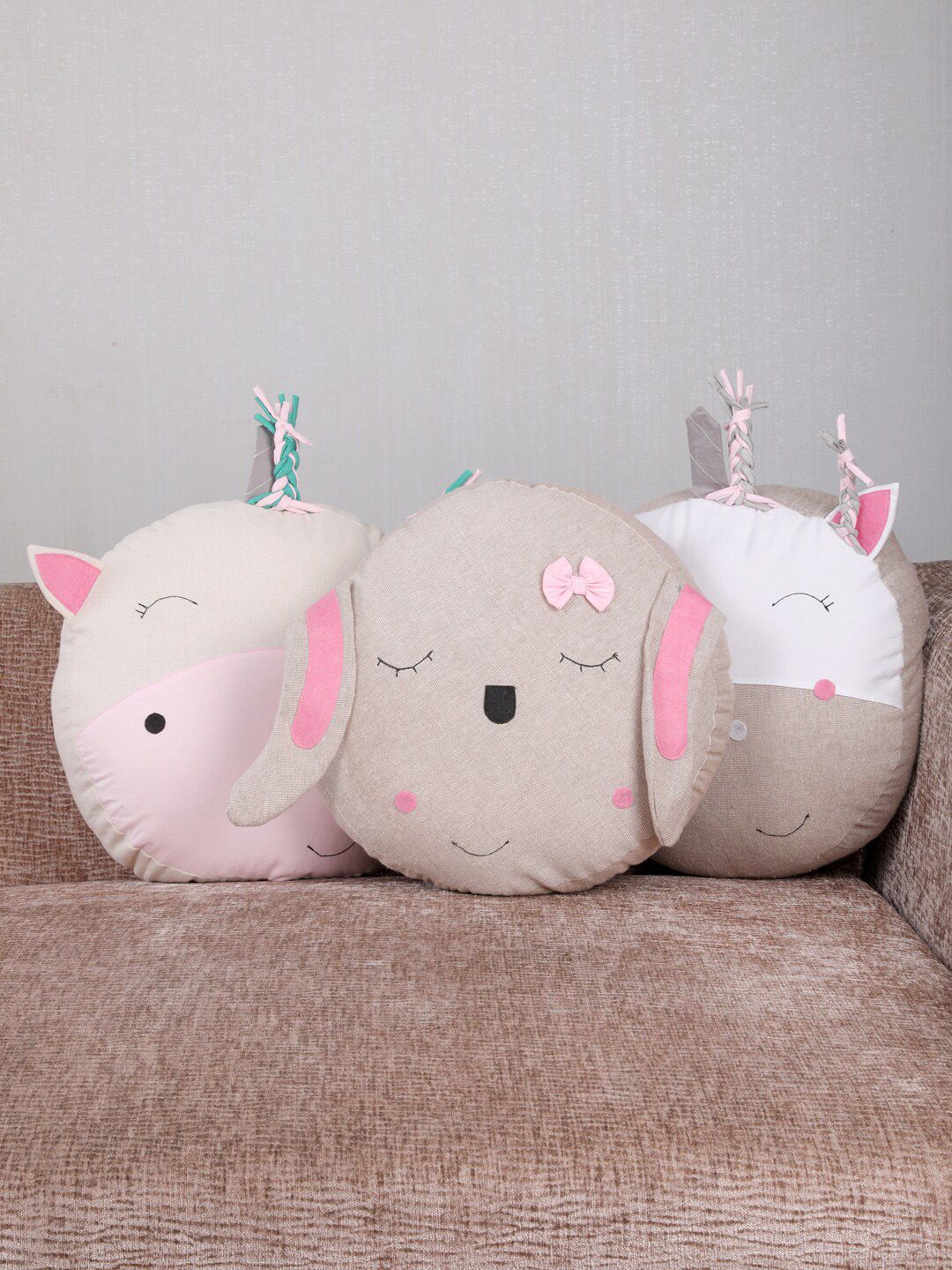 My Gift Booth Set Of 3 Beige & Pink Unicorn Cushions Price in India