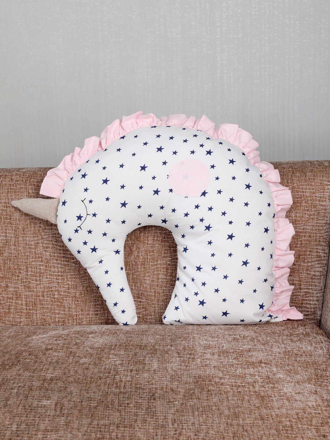My Gift Booth White & Navy Blue Printed Ruffled Unicorn-Shaped Cushion with Filler Price in India