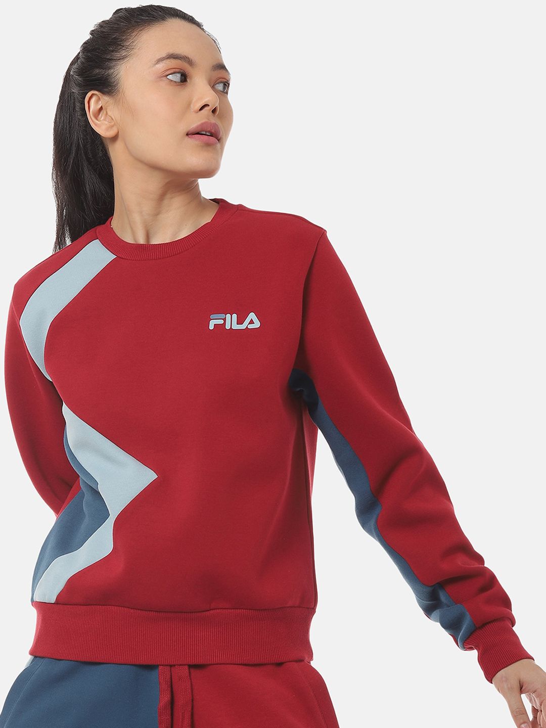 FILA Women Red & Grey Colourblocked Sweatshirt Price in India