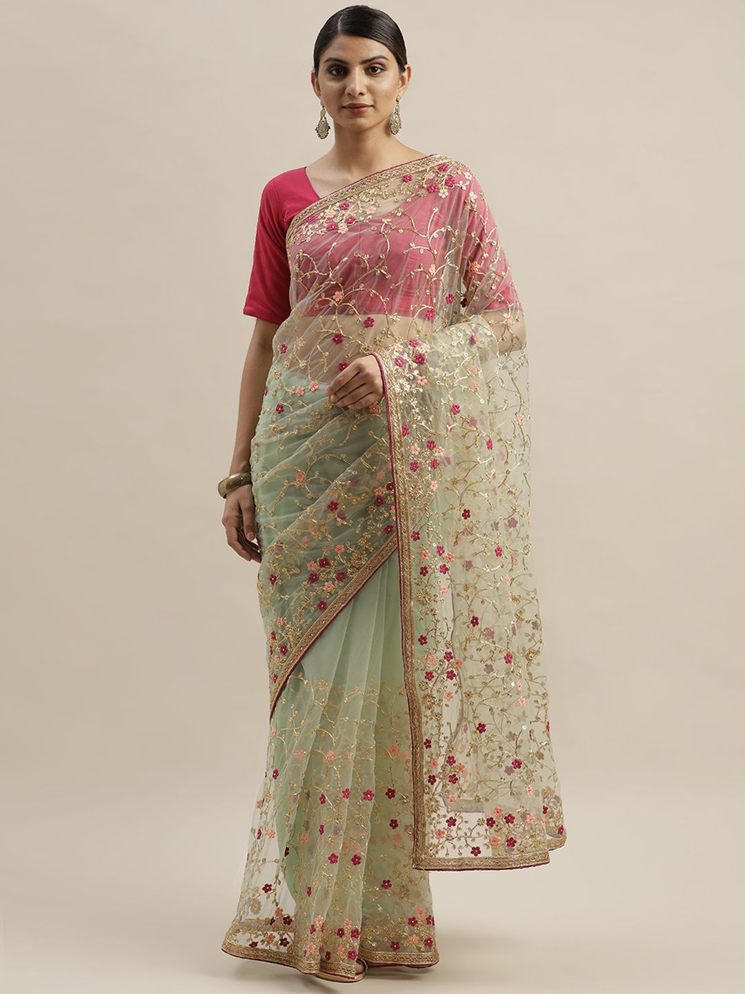 Mitera Sea Green & Pink Net Embellished Saree