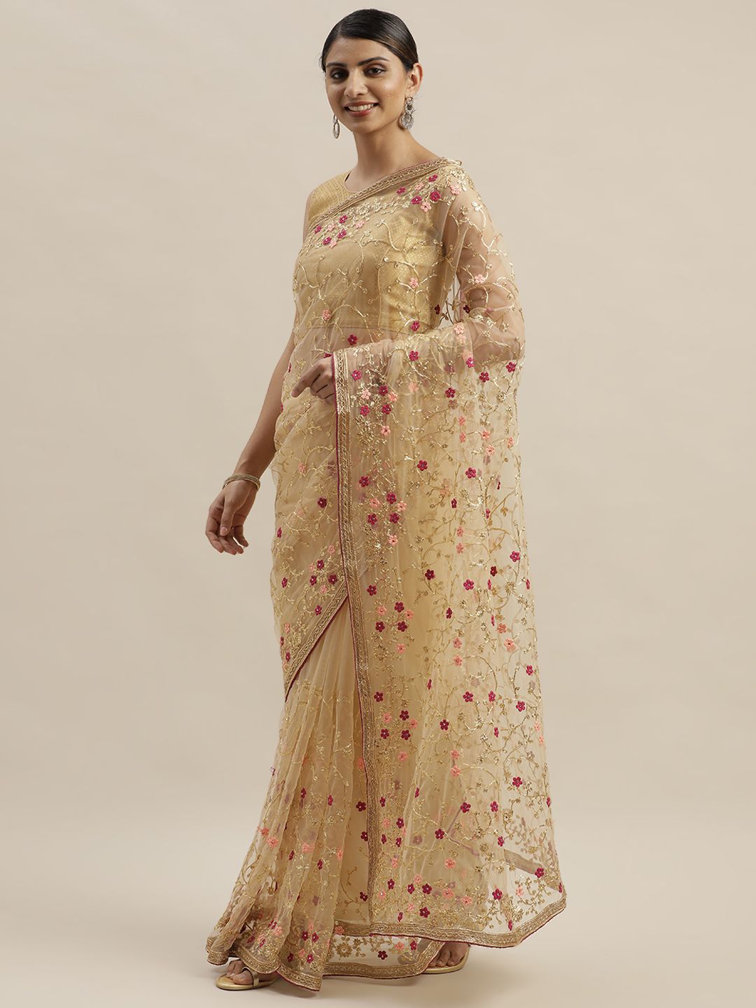 Mitera Beige & Pink Net Embellished Saree Price in India