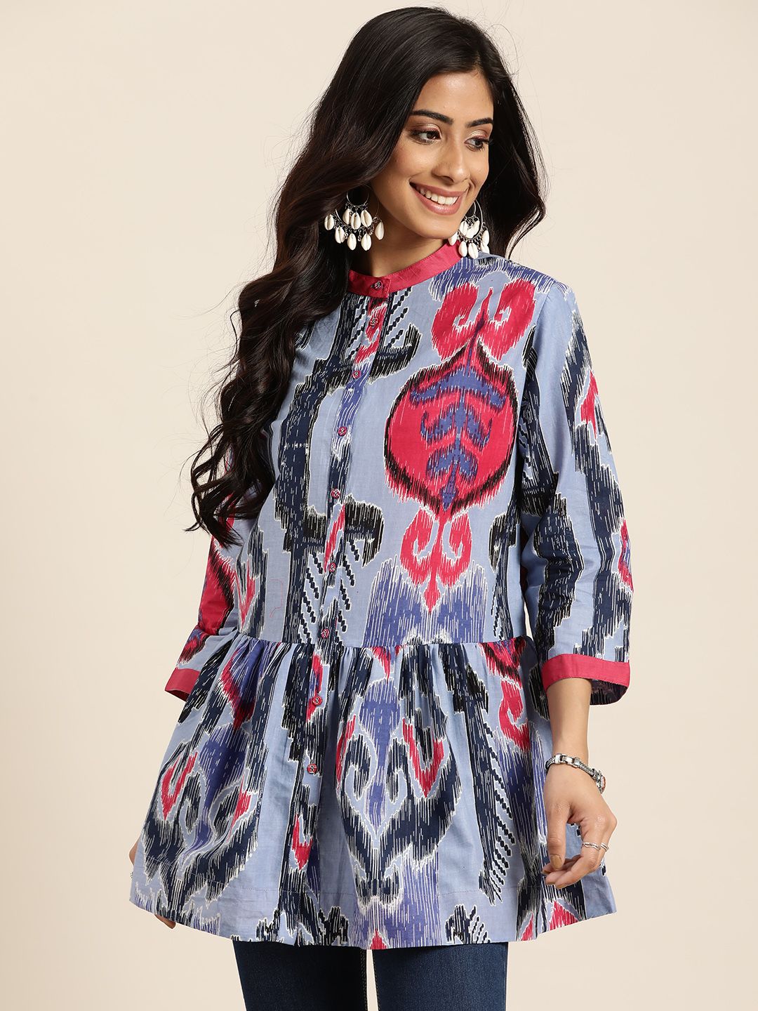 Sangria Women Blue & Pink Printed Pure Cotton A-Line Top