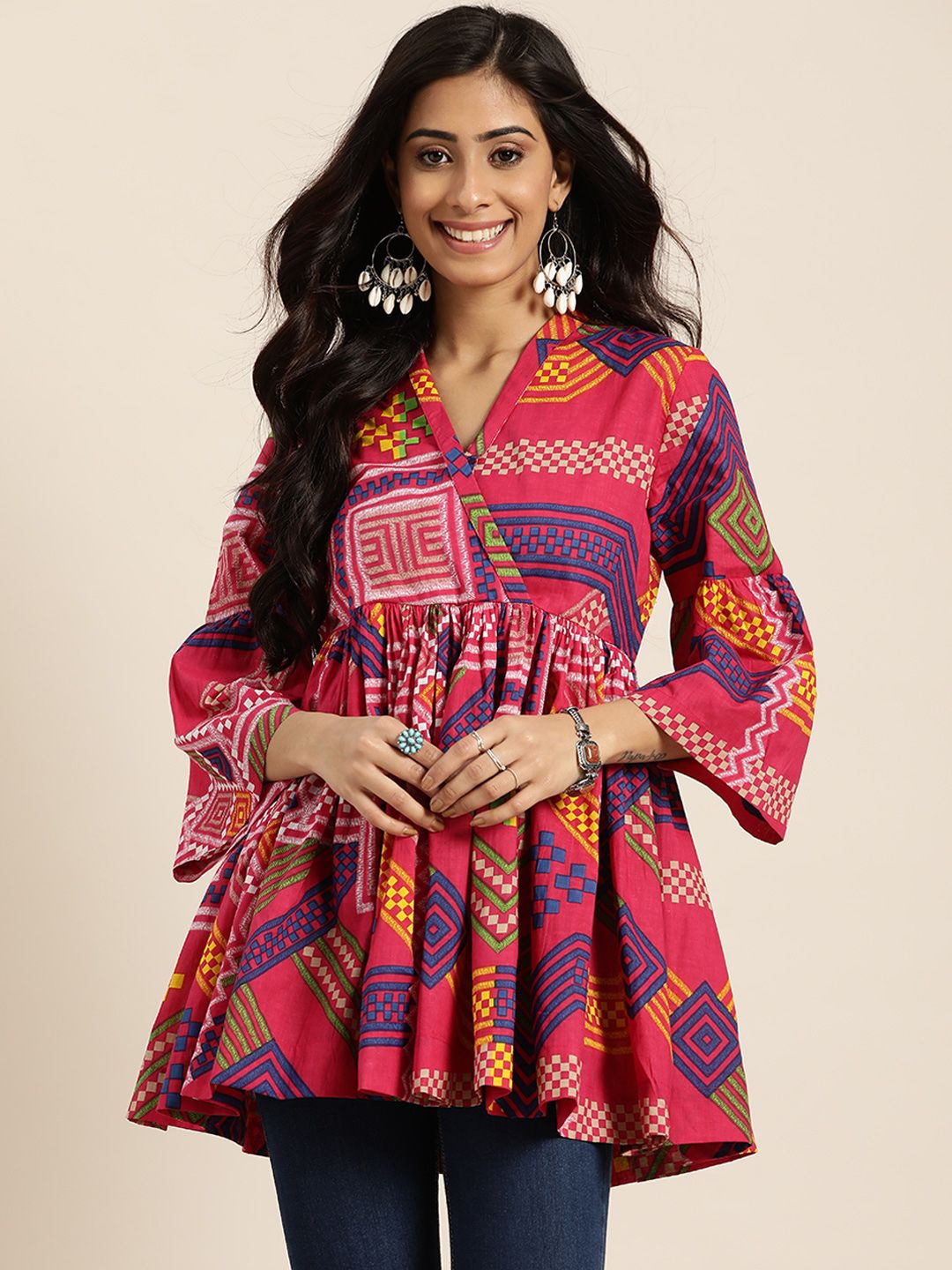 Sangria Pink & Blue Geometric Printed Bell Sleeves Pure Cotton A-line Top Price in India