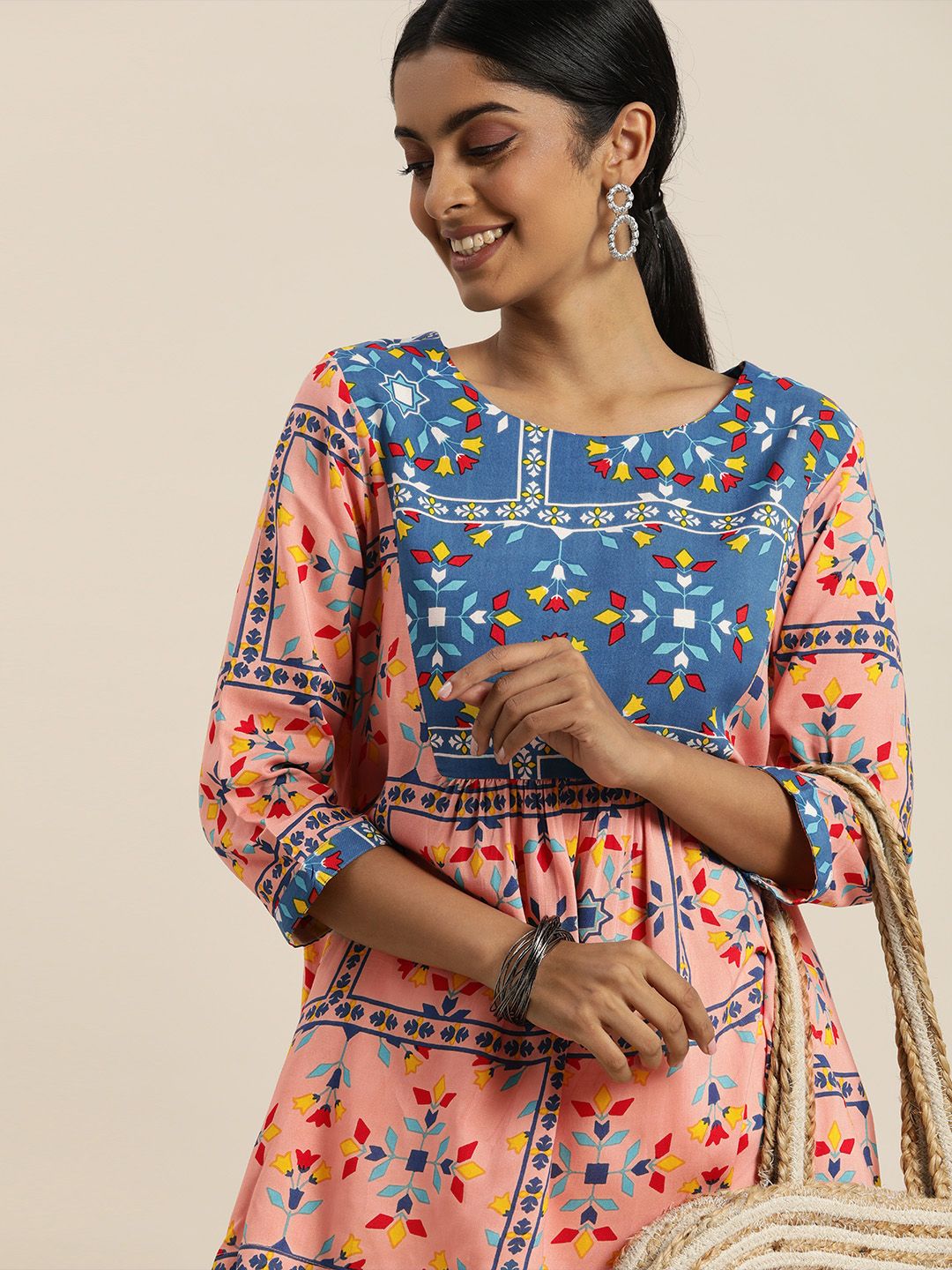 Sangria Peach & Blue Ethnic Motifs Printed A-Line Fusion Top