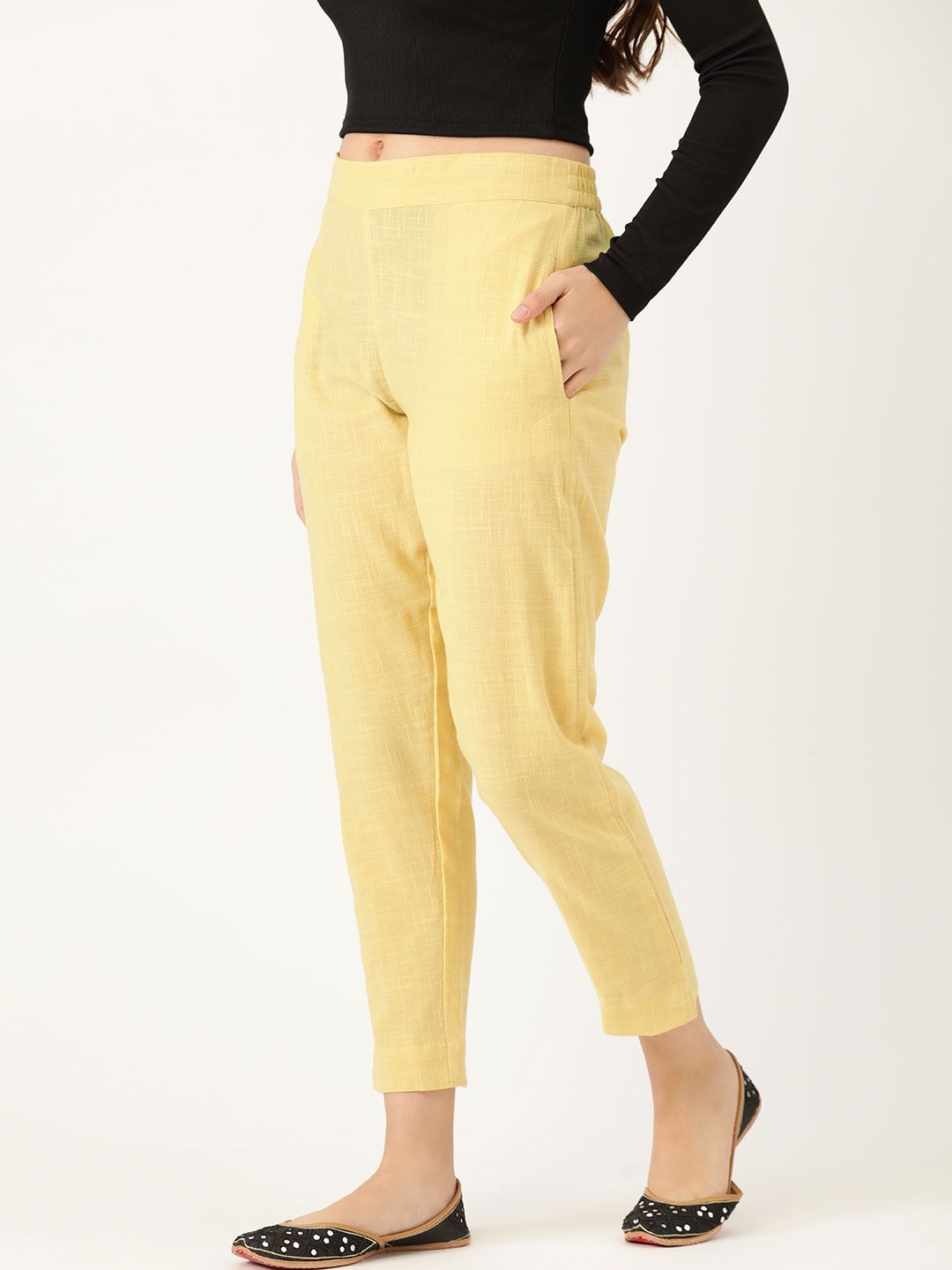 Sangria Women Yellow Solid Cropped Pure Cotton Regular Trousers