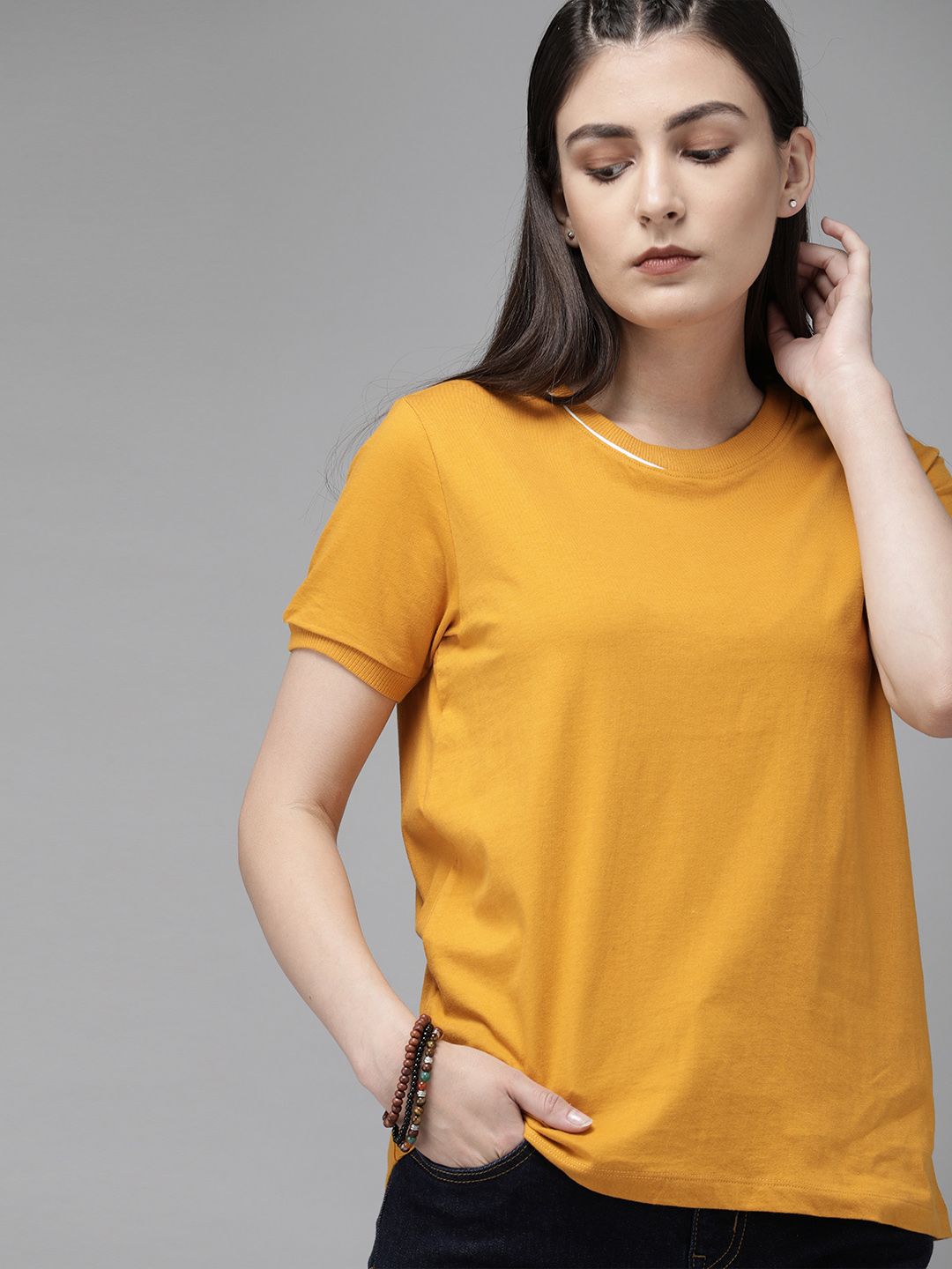 Roadster Women Mustard Solid Round Neck T-shirt