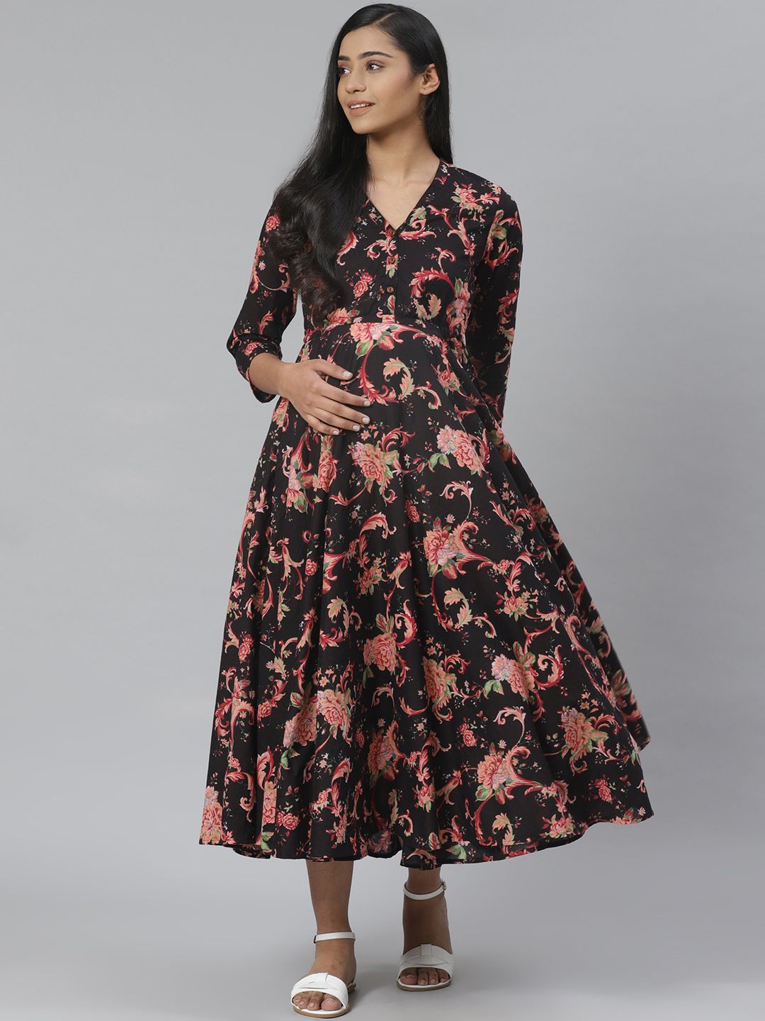 anayna Women Black & Pink Floral Printed Pure Cotton Maternity A-Line Dress Price in India