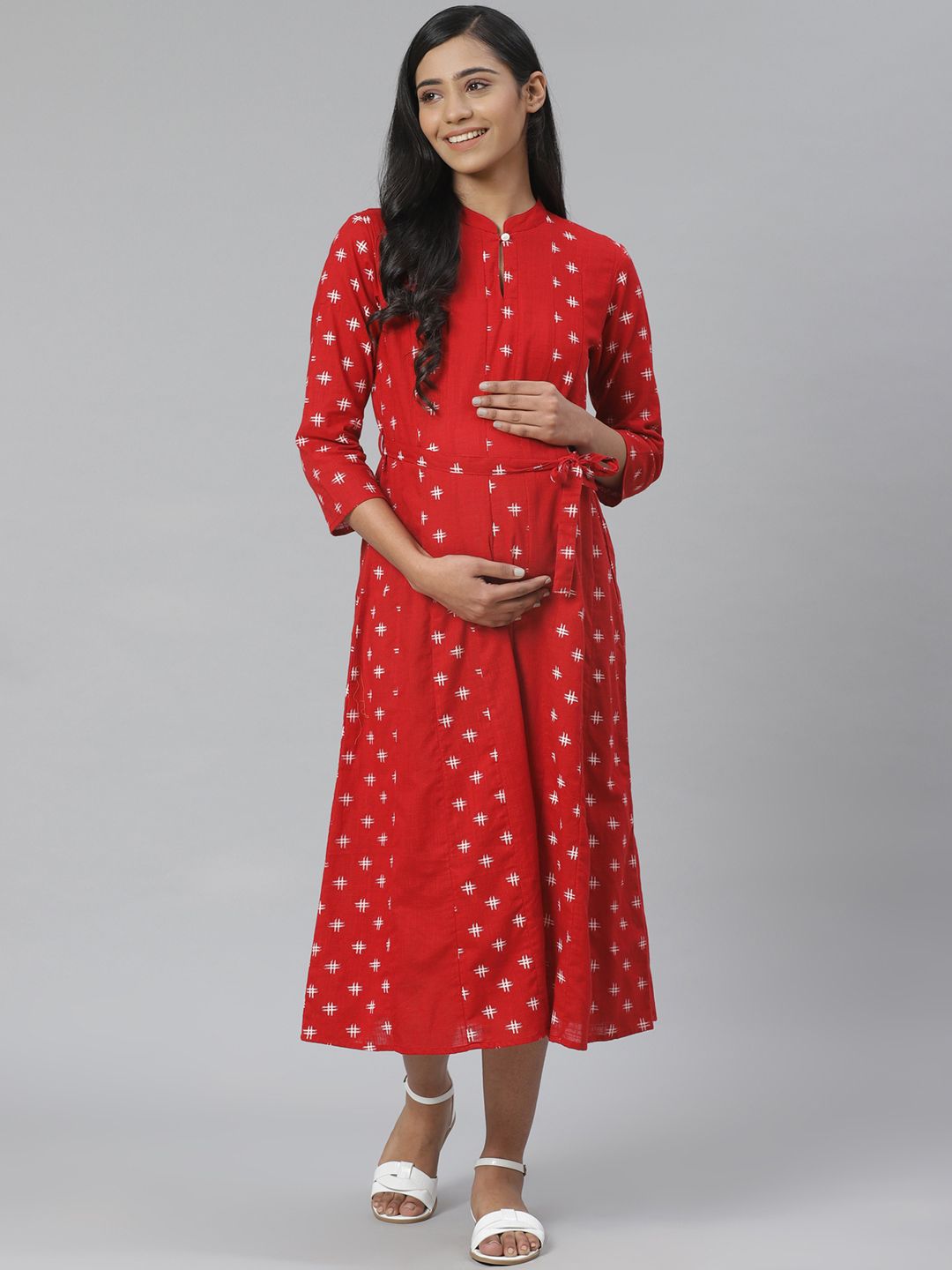 anayna Women Red & White Printed Pure Cotton Maternity A-Line Dress Price in India