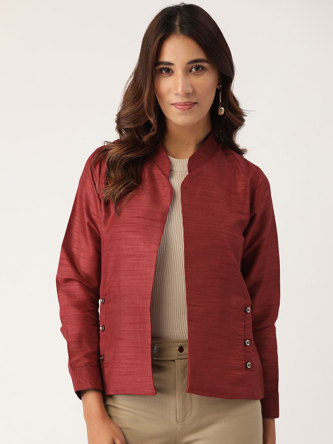 Cottinfab Women Maroon Solid Lightweight Open Front Jacket Price in India