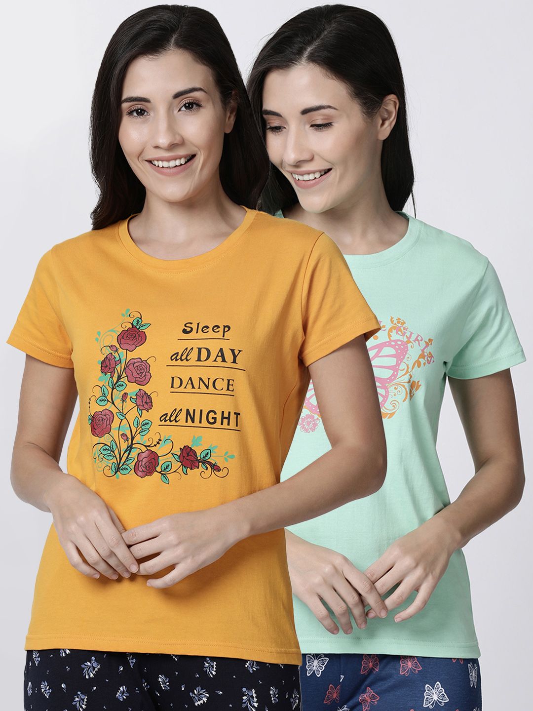 Kryptic Women Pack Of 2 Printed Pure Cotton Lounge T-shirts Price in India