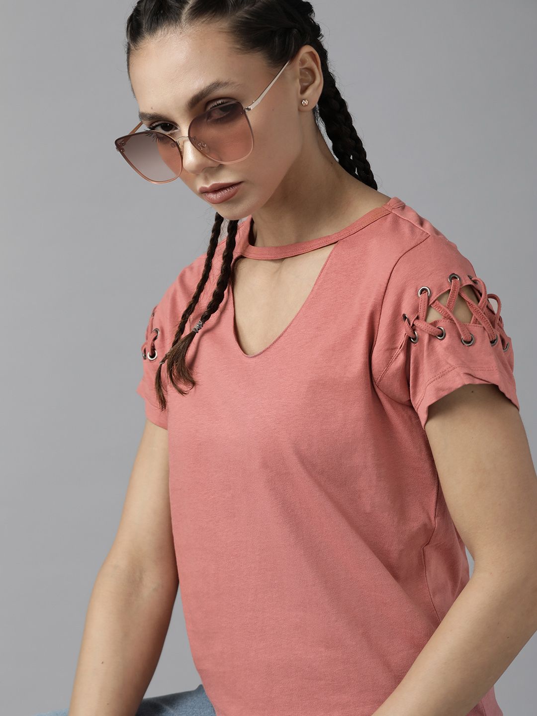 Roadster Women Coral Red Solid Choker Neck Pure Cotton Top